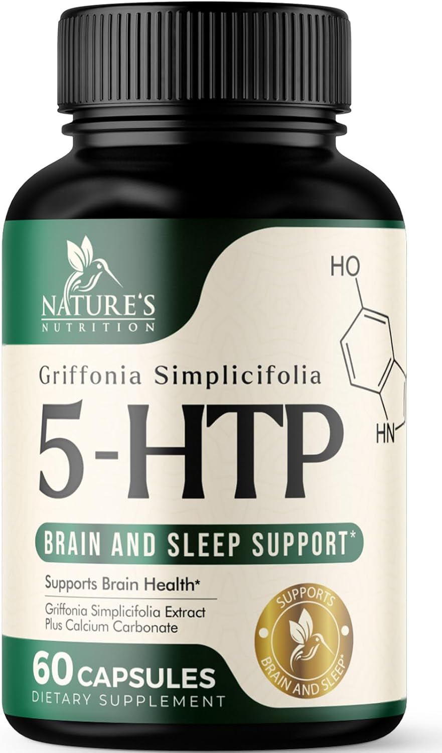 Extra Strength 5-HTP Supplement Capsules with Calcium - 200mg Griffonia Simplicifolia Formula for Brain & Calm Support - Gluten Free - 60 Veg Caps
