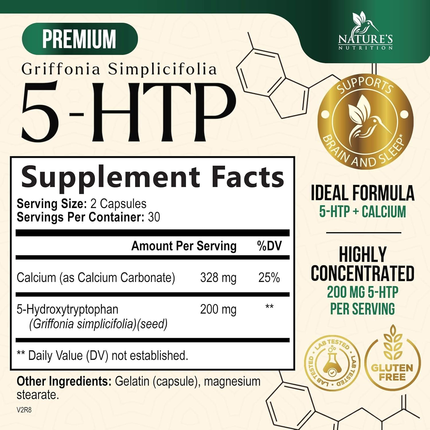 Extra Strength 5-HTP Supplement Capsules with Calcium - 200mg Griffonia Simplicifolia Formula for Brain & Calm Support - Gluten Free - 60 Veg Caps