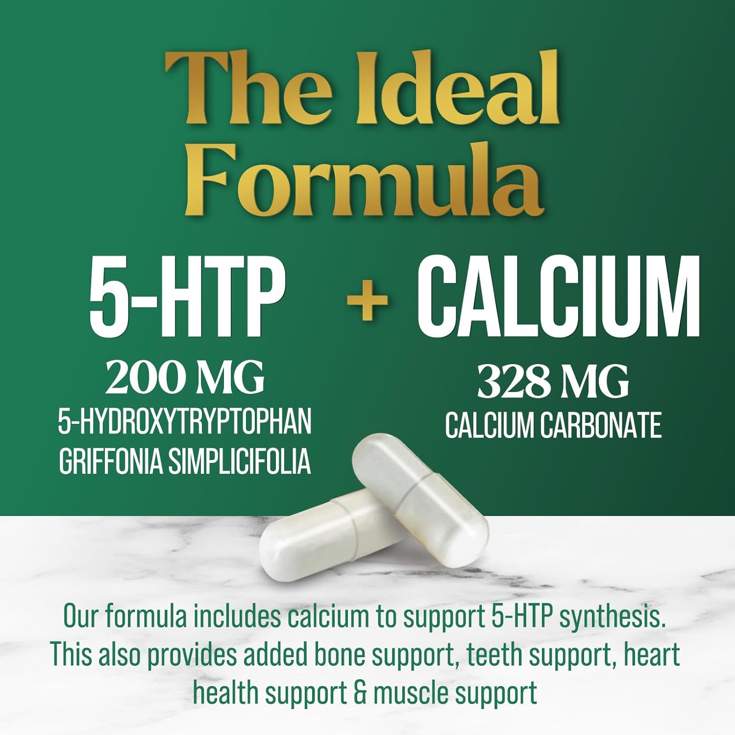 Extra Strength 5-HTP Supplement Capsules with Calcium - 200mg Griffonia Simplicifolia Formula for Brain & Calm Support - Gluten Free - 60 Veg Caps