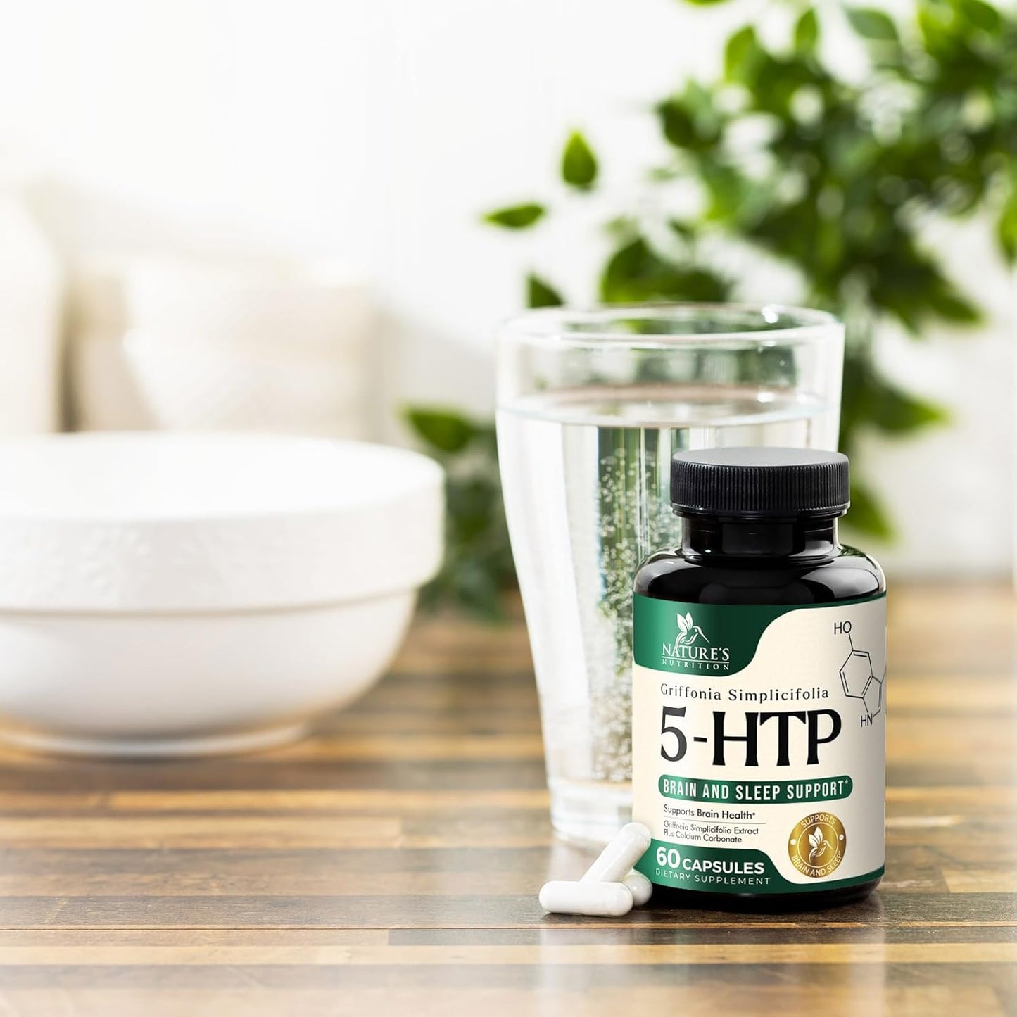 Extra Strength 5-HTP Supplement Capsules with Calcium - 200mg Griffonia Simplicifolia Formula for Brain & Calm Support - Gluten Free - 60 Veg Caps