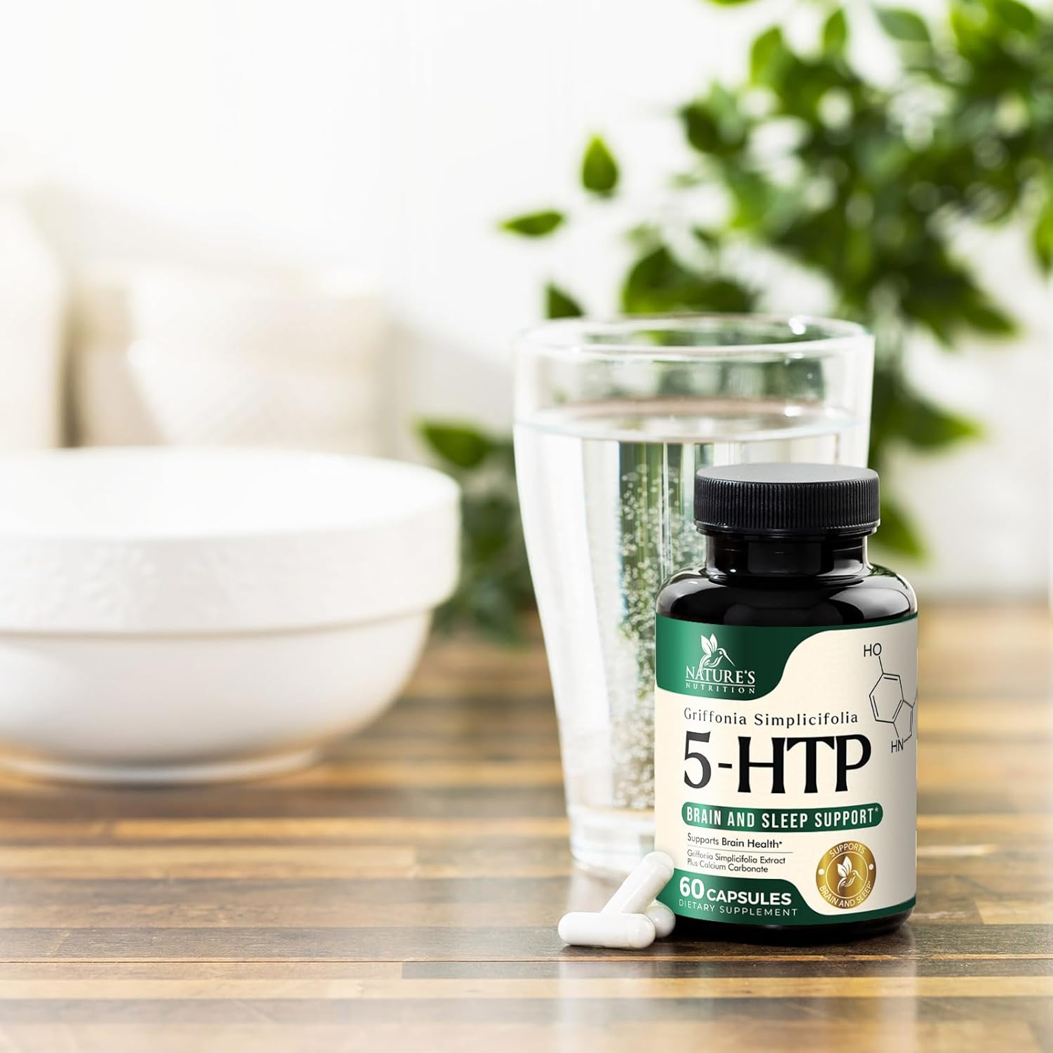 Extra Strength 5-HTP Supplement Capsules with Calcium - 200mg Griffonia Simplicifolia Formula for Brain & Calm Support - Gluten Free - 60 Veg Caps