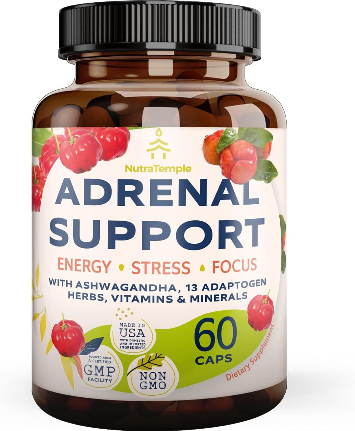 Extra Strength Adrenal Support & Cortisol Manager Supplement with Ashwagandha & Rhodiola Rosea - 60 Non GMO Pills for Energy & Brain Fog