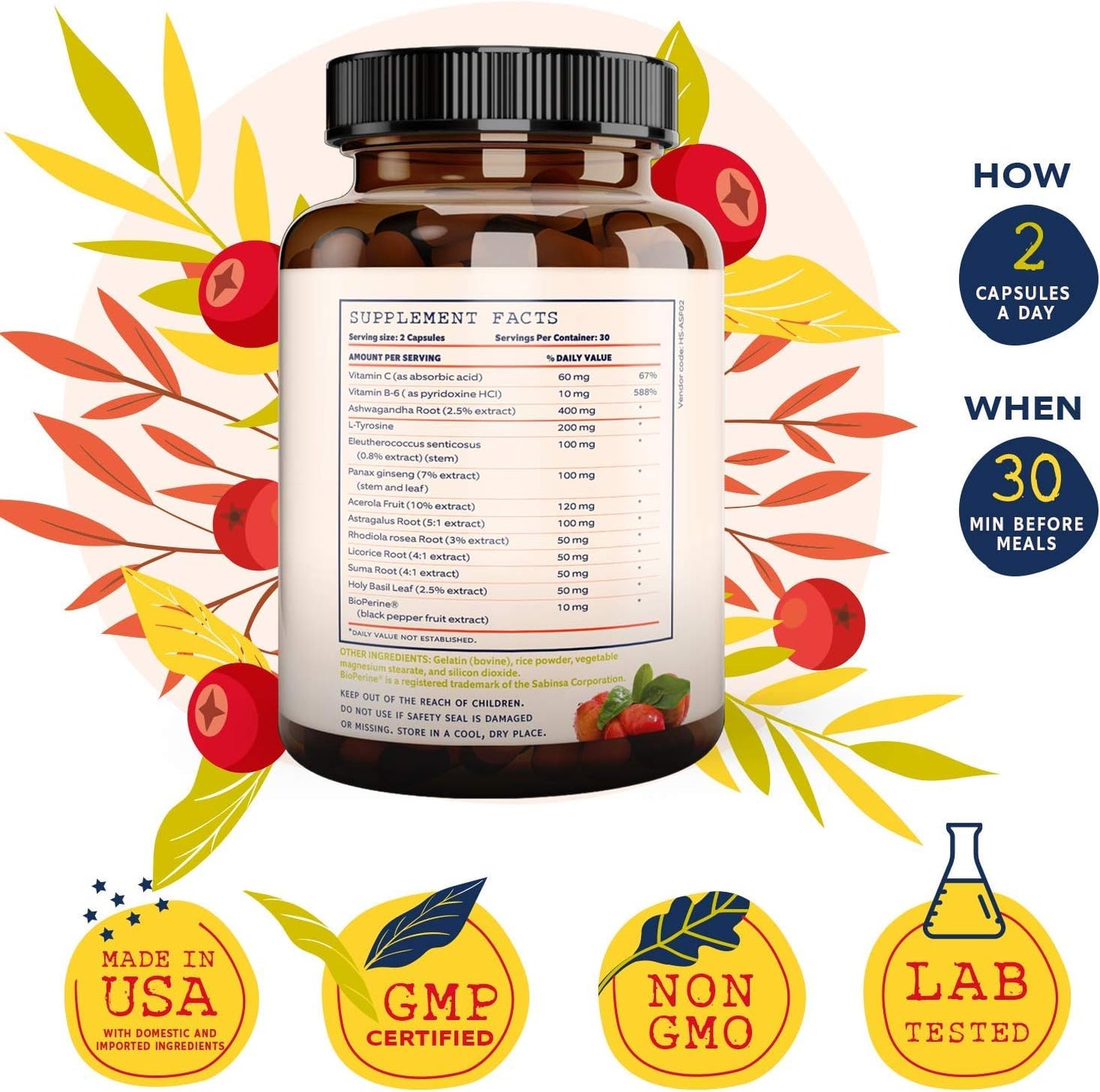 Extra Strength Adrenal Support & Cortisol Manager Supplement with Ashwagandha & Rhodiola Rosea - 60 Non GMO Pills for Energy & Brain Fog
