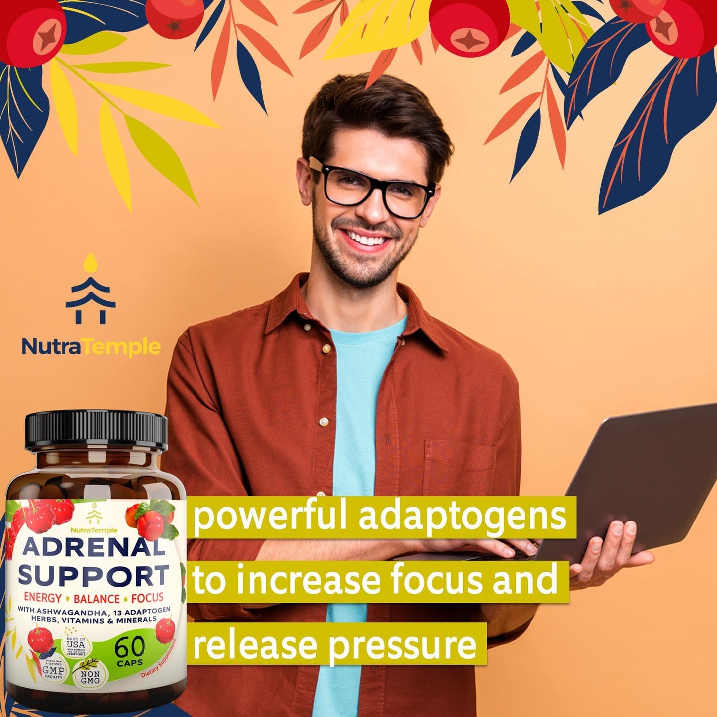 Extra Strength Adrenal Support & Cortisol Manager Supplement with Ashwagandha & Rhodiola Rosea - 60 Non GMO Pills for Energy & Brain Fog