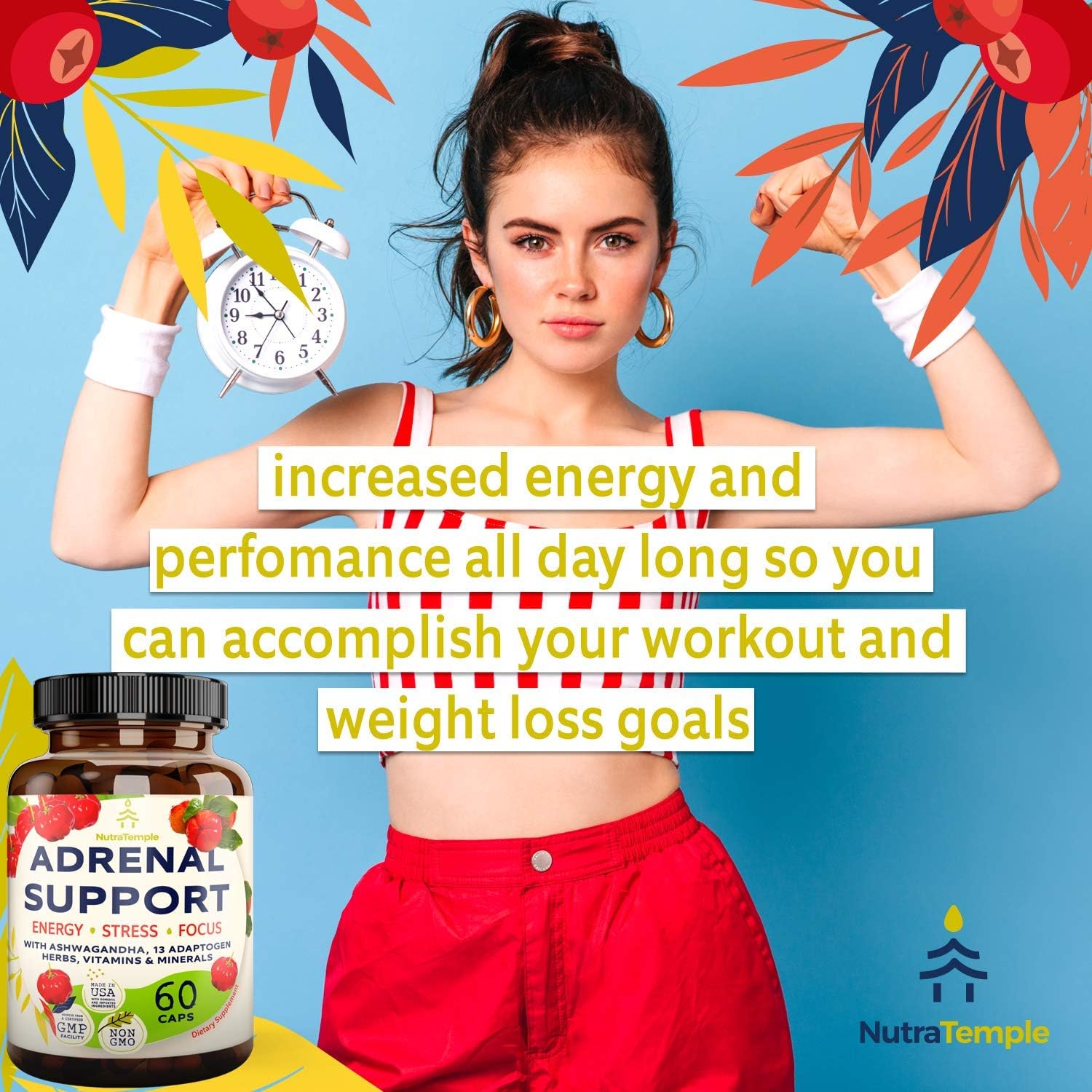 Extra Strength Adrenal Support & Cortisol Manager Supplement with Ashwagandha & Rhodiola Rosea - 60 Non GMO Pills for Energy & Brain Fog