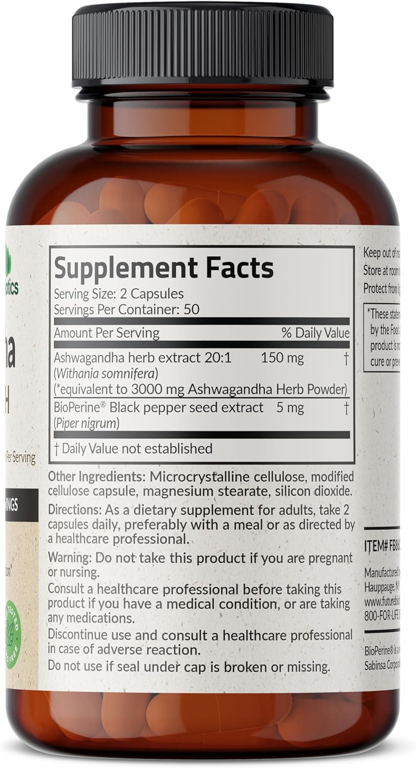 Extra Strength Ashwagandha with BioPerine for Stress & Mood Support - Non GMO, 100 Veg Capsules