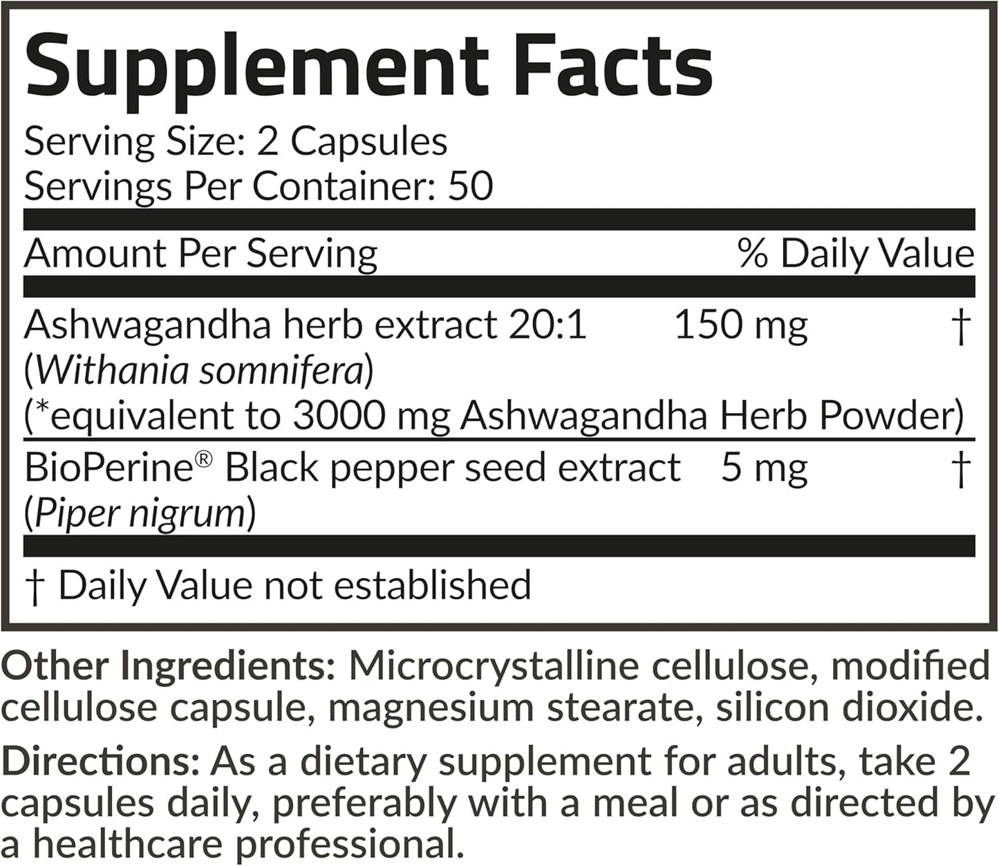 Extra Strength Ashwagandha with BioPerine for Stress & Mood Support - Non GMO, 100 Veg Capsules