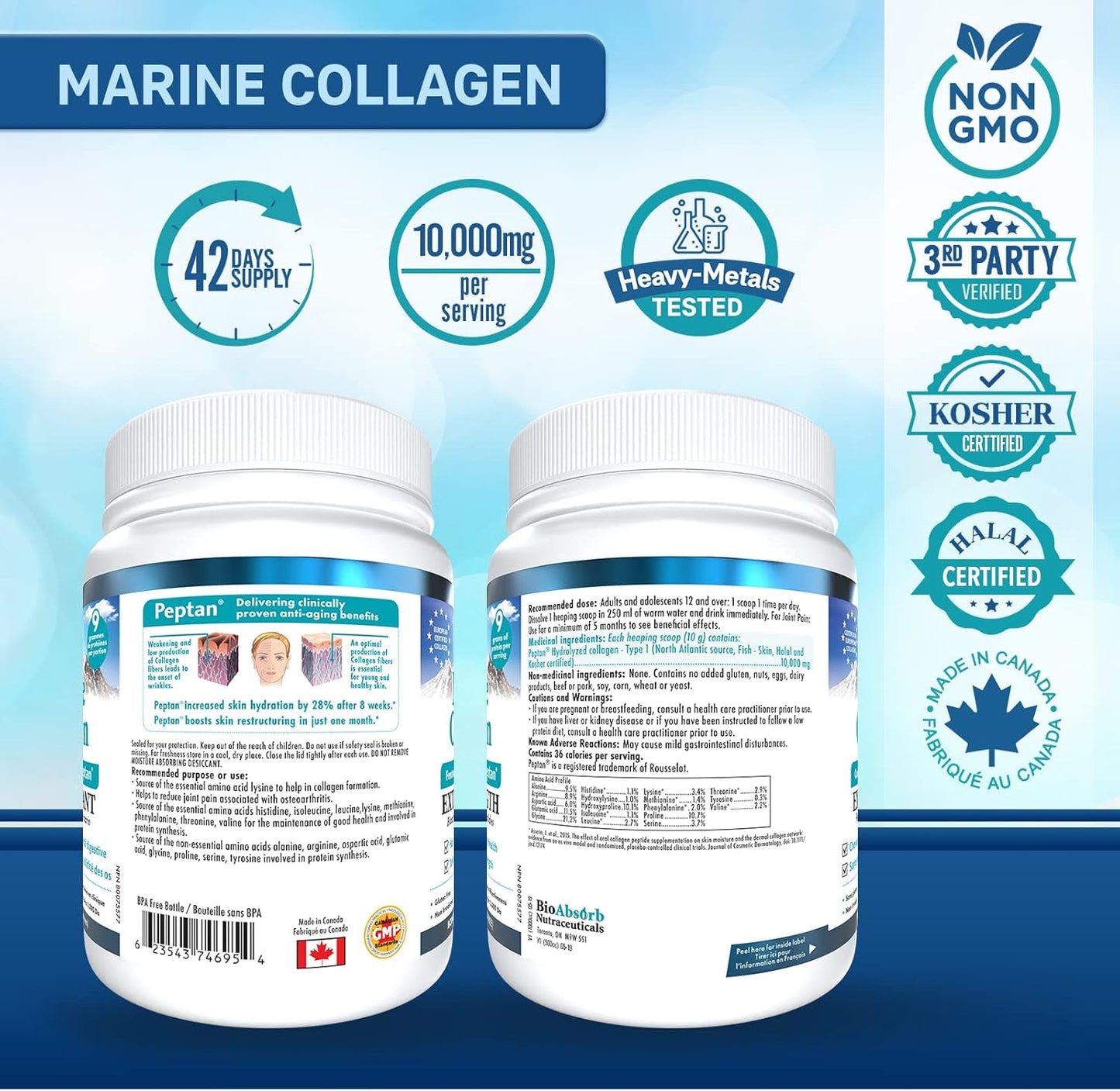 Extra Strength Bio Absorb Marine Collagen Powder with Peptan - Type 1 Hydrolyzed Collagen Peptides - 15 oz - 42-Day Supply