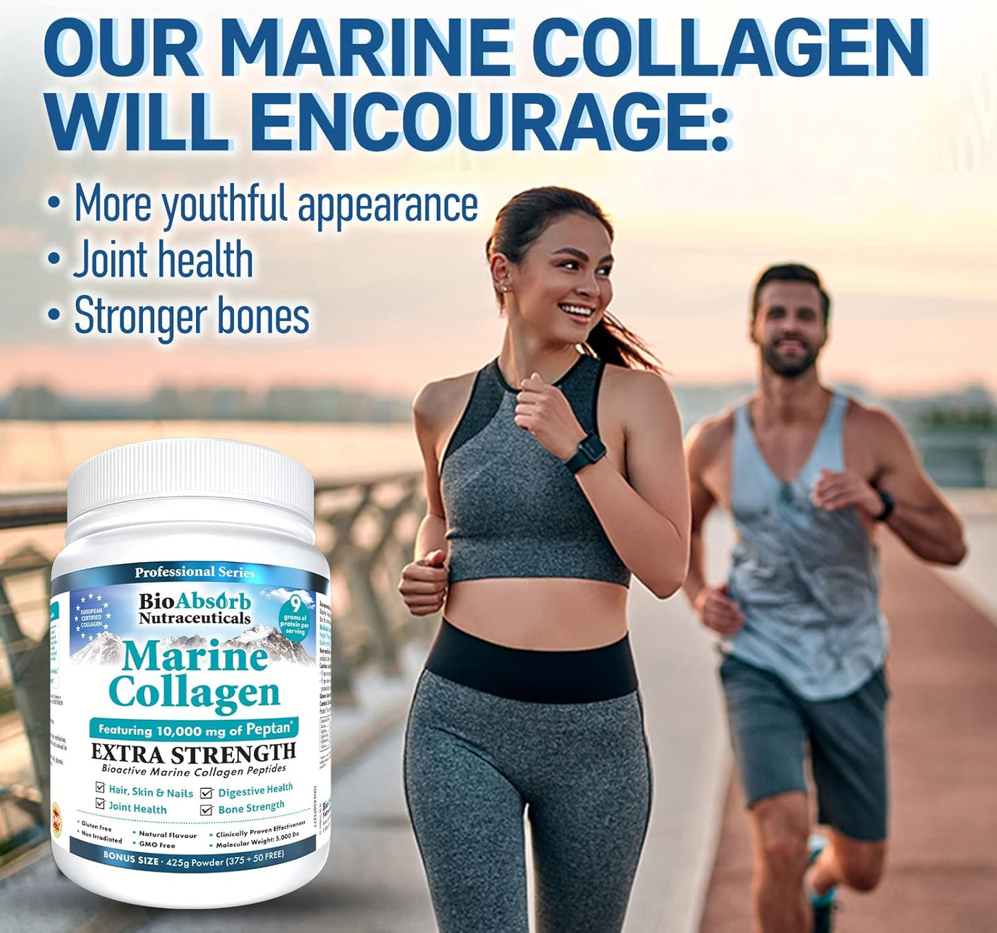 Extra Strength Bio Absorb Marine Collagen Powder with Peptan - Type 1 Hydrolyzed Collagen Peptides - 15 oz - 42-Day Supply