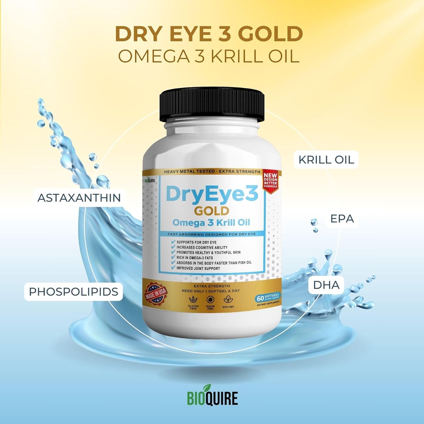 Extra Strength BIOQUIRE Dry Eye Support with Omega 3 Krill Oil - 60 Softgels, Non-GMO, Gluten Free, Sugar Free
