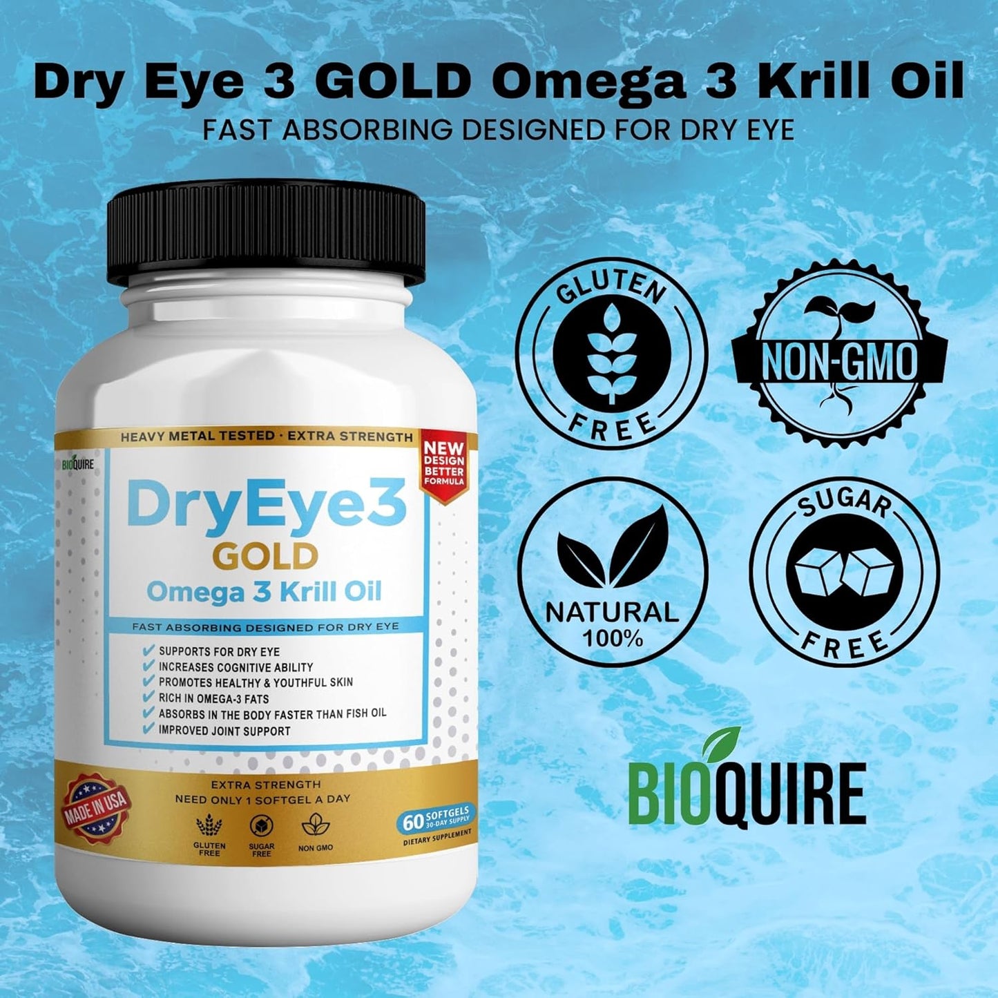 Extra Strength BIOQUIRE Dry Eye Support with Omega 3 Krill Oil - 60 Softgels, Non-GMO, Gluten Free, Sugar Free