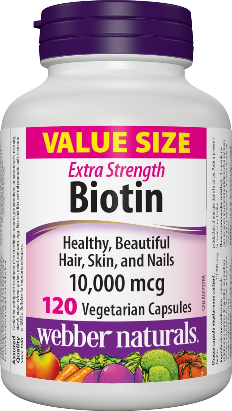 Extra Strength Biotin 10,000 mcg Supplement by Webber Naturals - 120 Capsules