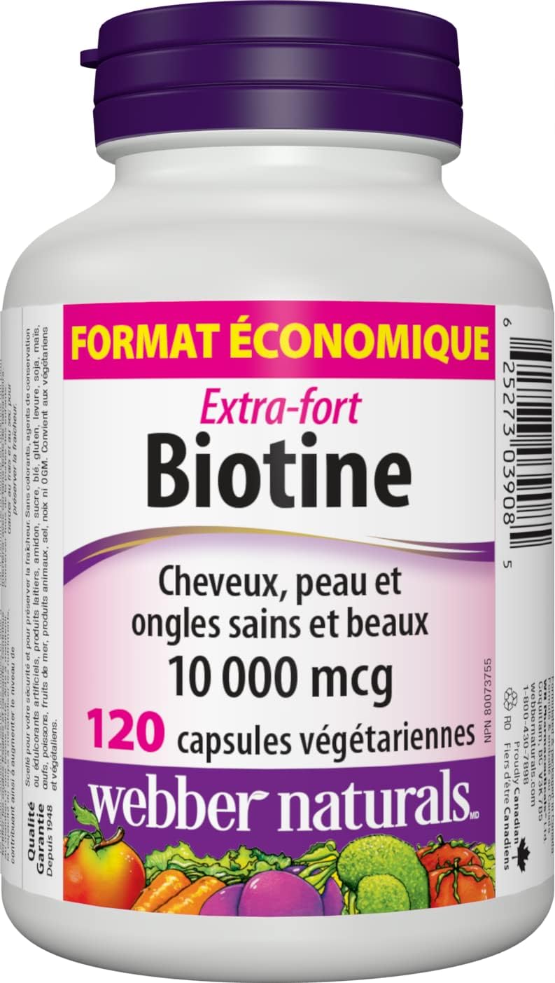 Extra Strength Biotin 10,000 mcg Supplement by Webber Naturals - 120 Capsules