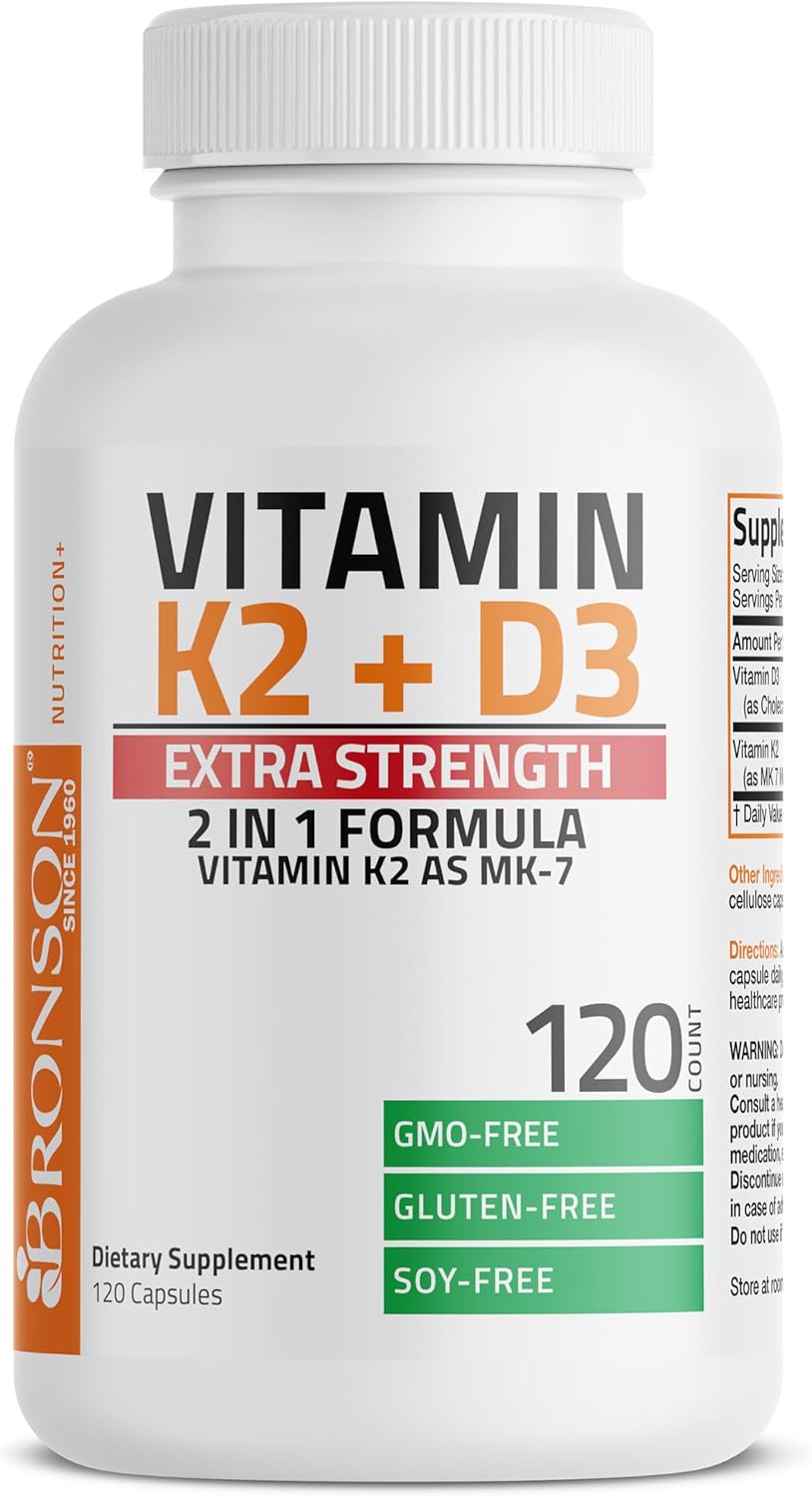 Extra Strength Bronson Vitamin K2 (MK-7) & D3 Supplement for Bone & Heart Health - Non-GMO Formula with 10,000 IU D3 & 120 mcg K2 MK-7 - Easy to Swallow Capsules - 120 Count