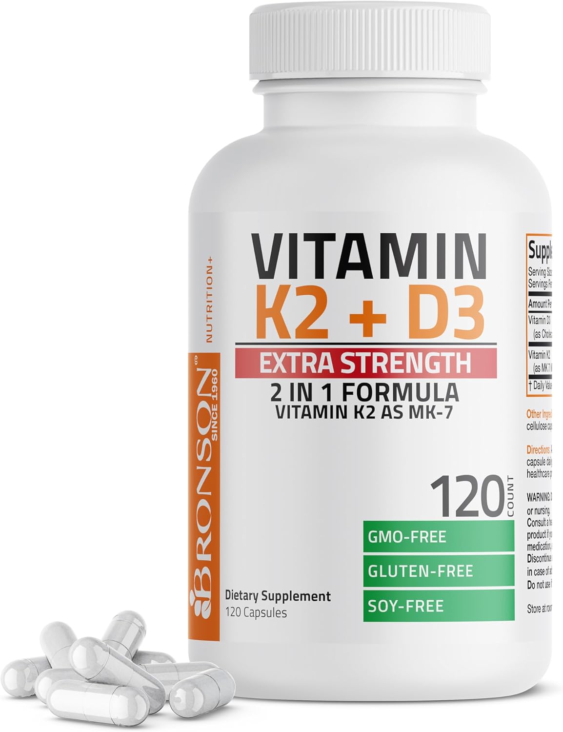 Extra Strength Bronson Vitamin K2 (MK-7) & D3 Supplement for Bone & Heart Health - Non-GMO Formula with 10,000 IU D3 & 120 mcg K2 MK-7 - Easy to Swallow Capsules - 120 Count