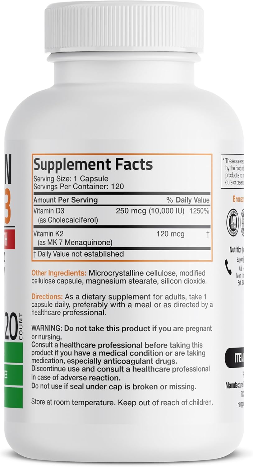 Extra Strength Bronson Vitamin K2 (MK-7) & D3 Supplement for Bone & Heart Health - Non-GMO Formula with 10,000 IU D3 & 120 mcg K2 MK-7 - Easy to Swallow Capsules - 120 Count