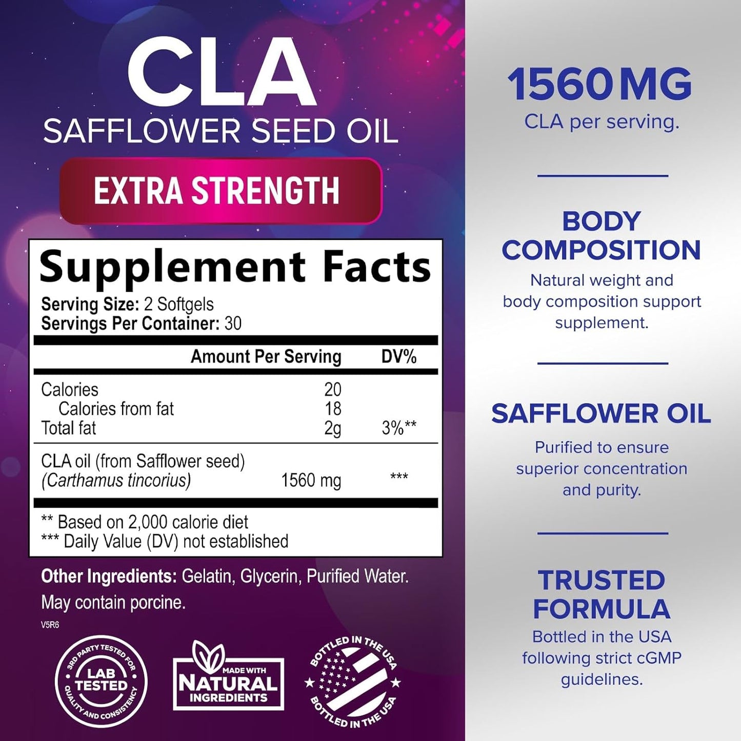 Extra Strength CLA Supplement 1560mg - Lean Muscle & Energy Support - Safflower Capsules - 60 Softgels