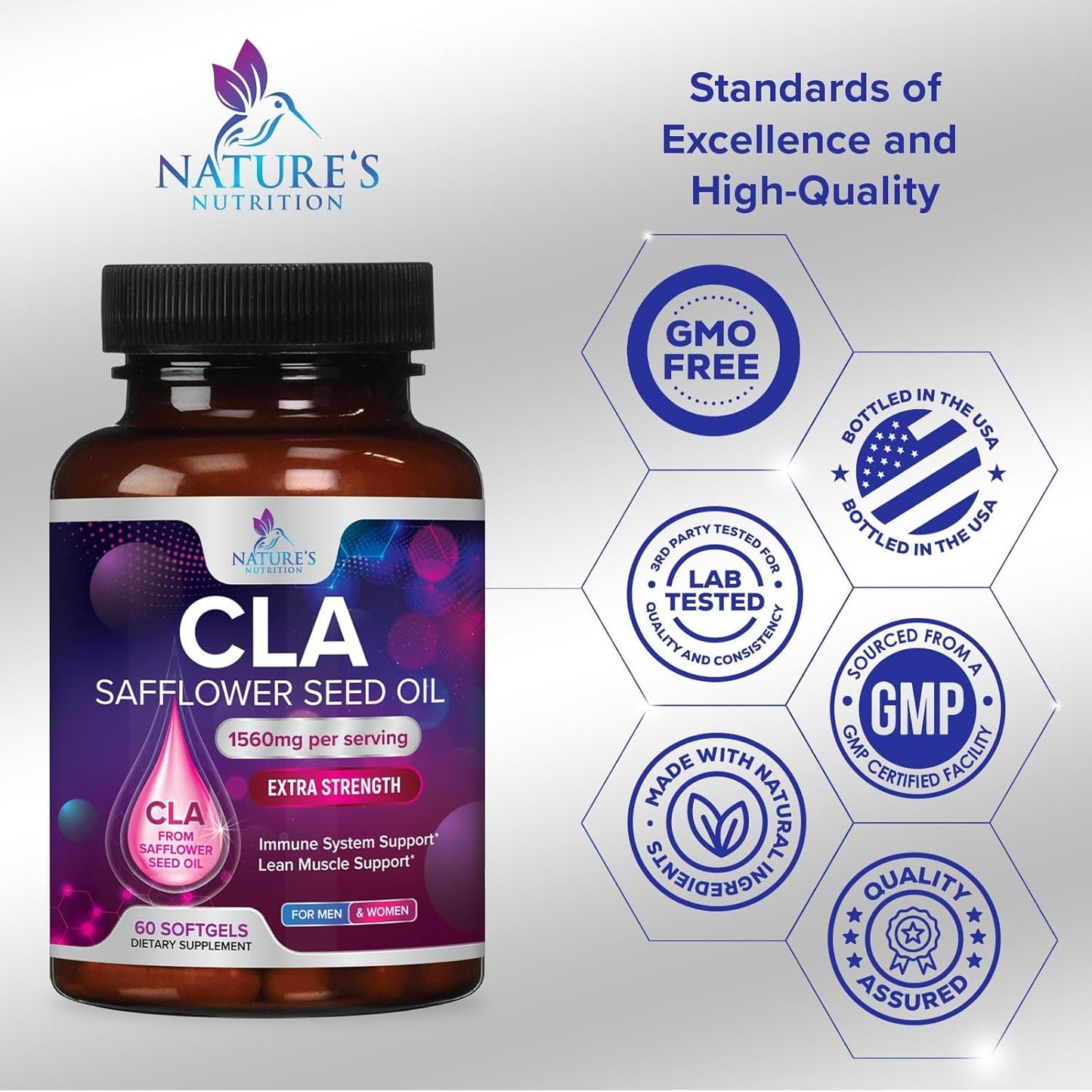Extra Strength CLA Supplement 1560mg - Lean Muscle & Energy Support - Safflower Capsules - 60 Softgels