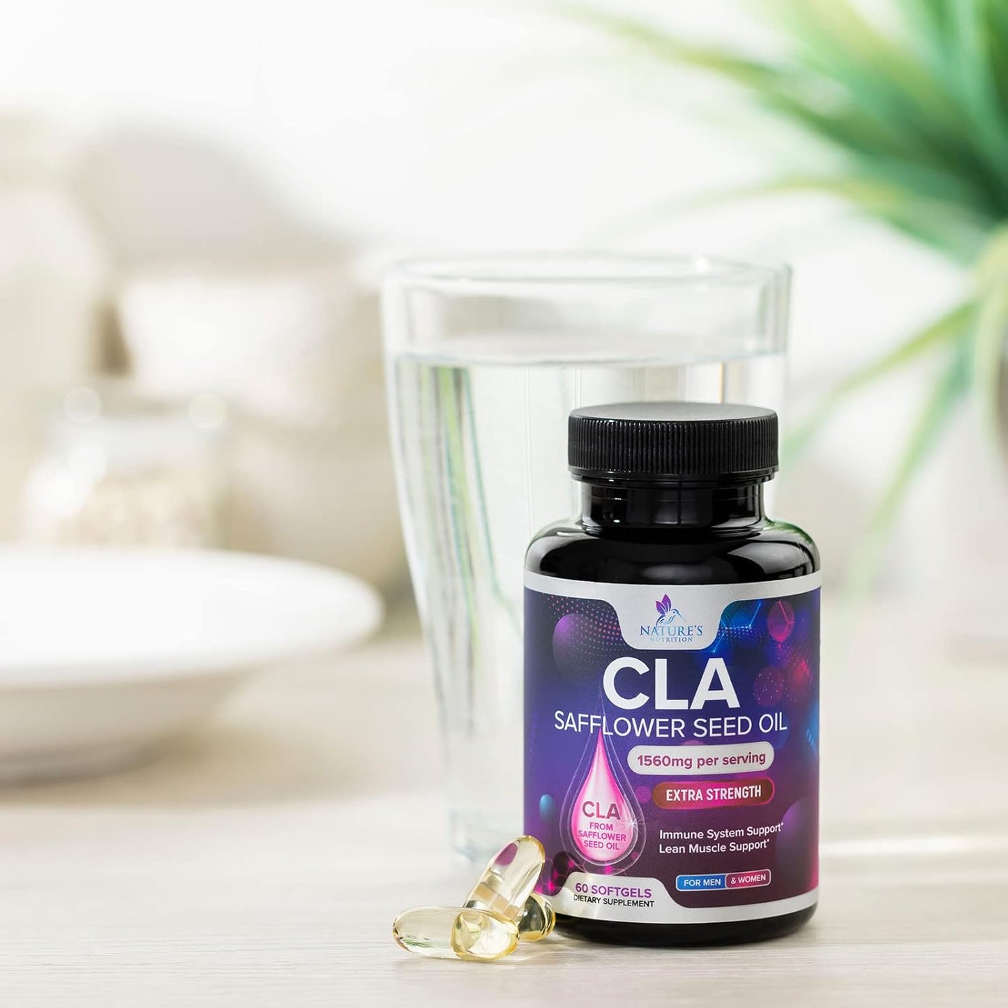 Extra Strength CLA Supplement 1560mg - Lean Muscle & Energy Support - Safflower Capsules - 60 Softgels