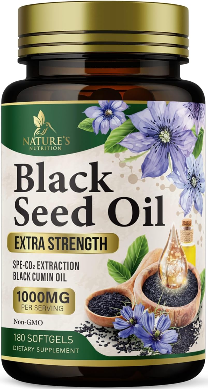 Extra Strength Cold Pressed Black Seed Oil Softgels - 1000mg Pure Nigella Sativa Supplement for Skin & Immune Support - Non-GMO Antioxidant - 180 Softgels