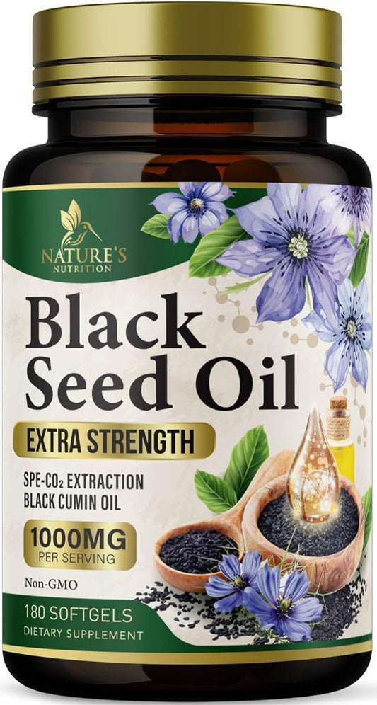 Extra Strength Cold Pressed Black Seed Oil Softgels - 1000mg Pure Nigella Sativa Supplement for Skin & Immune Support - Non-GMO Antioxidant - 180 Softgels