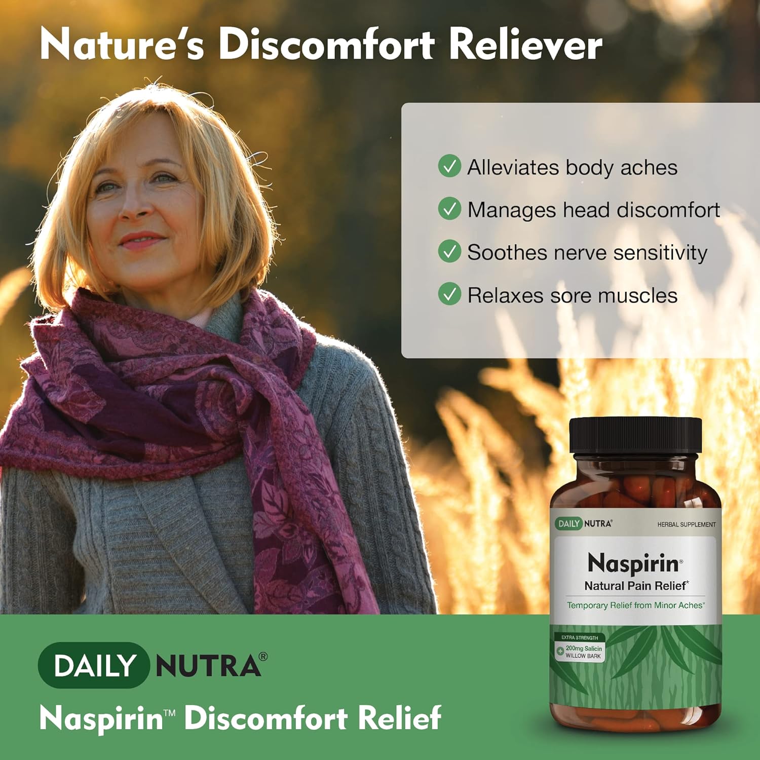 Extra Strength DailyNutra Naspirin Willow Bark Supplement for Natural Relief of Head, Back, Shoulder, Neck, Knees & Joints - With Turmeric & Boswellia - 90 Capsules