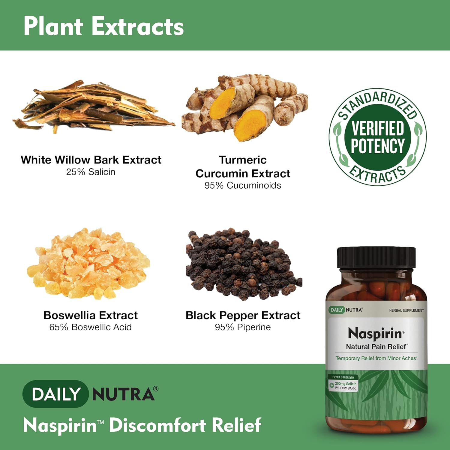 Extra Strength DailyNutra Naspirin Willow Bark Supplement for Natural Relief of Head, Back, Shoulder, Neck, Knees & Joints - With Turmeric & Boswellia - 90 Capsules