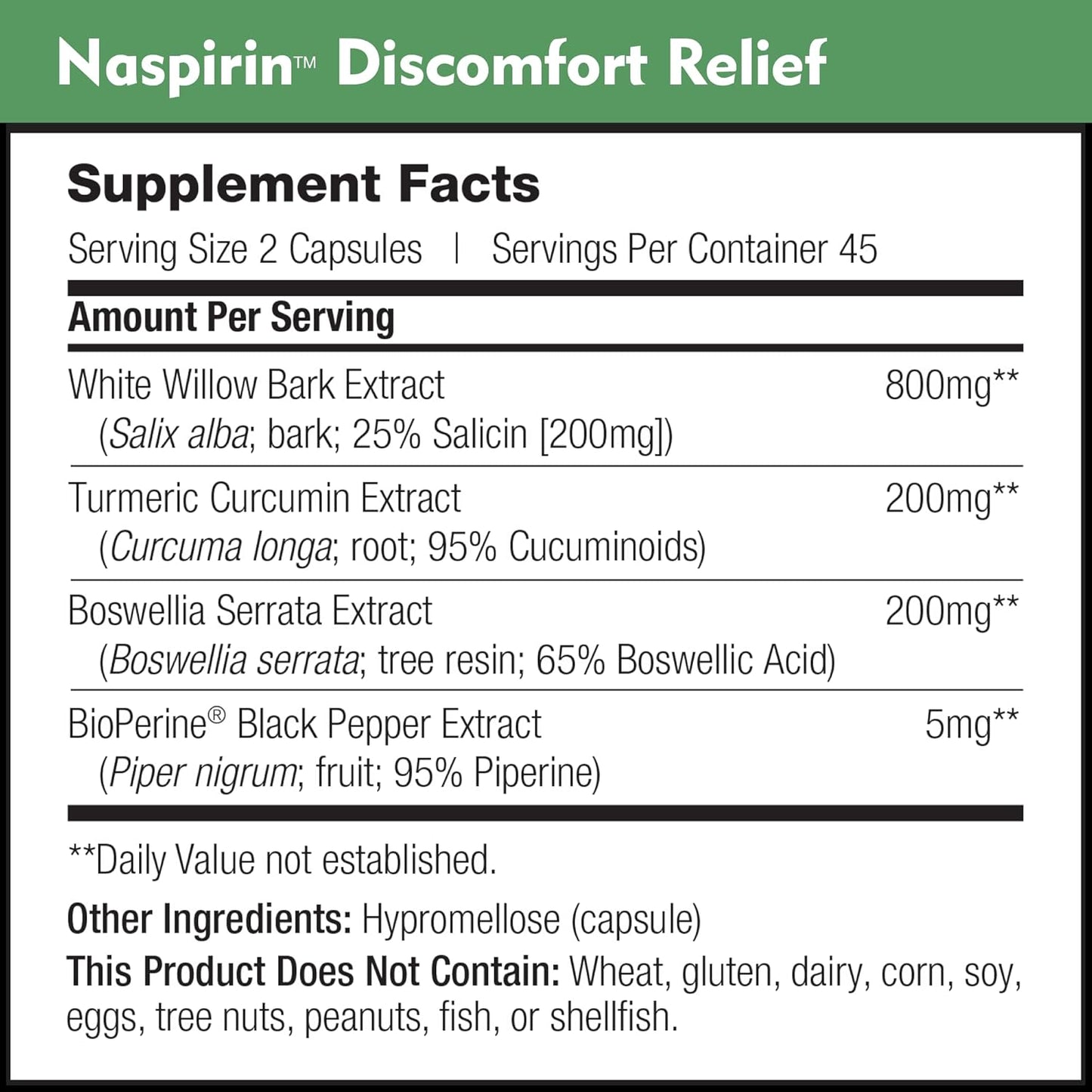 Extra Strength DailyNutra Naspirin Willow Bark Supplement for Natural Relief of Head, Back, Shoulder, Neck, Knees & Joints - With Turmeric & Boswellia - 90 Capsules
