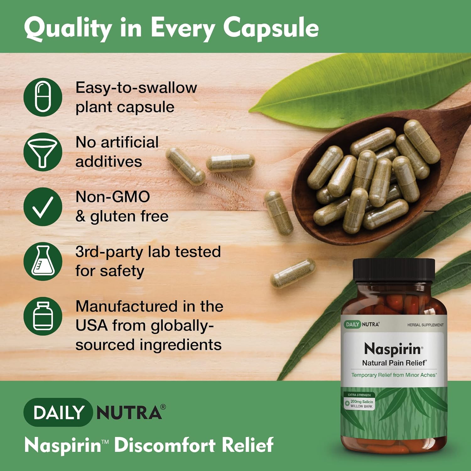 Extra Strength DailyNutra Naspirin Willow Bark Supplement for Natural Relief of Head, Back, Shoulder, Neck, Knees & Joints - With Turmeric & Boswellia - 90 Capsules