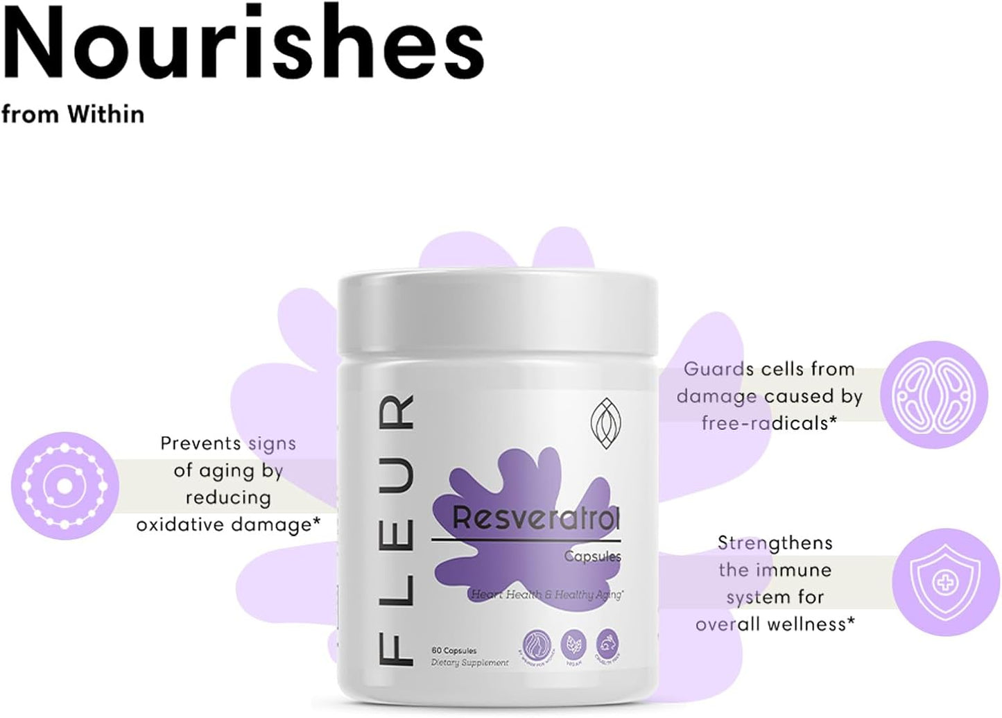 Extra Strength FLEUR Resveratrol Supplement for Immune Support, Antioxidant, Youthful Aging, Cardiovascular, Joints, Brain - 750mg, 60Ct