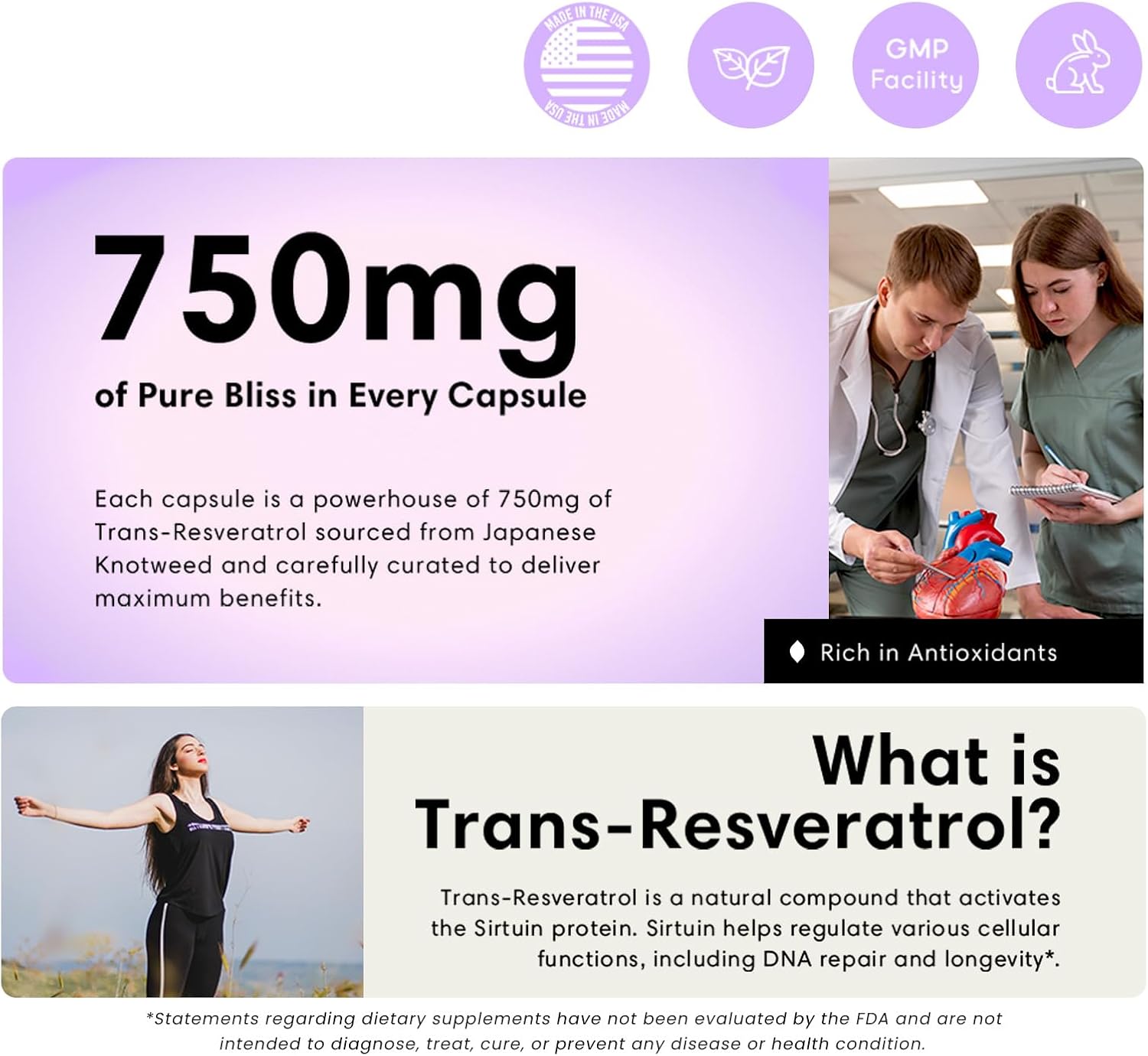 Extra Strength FLEUR Resveratrol Supplement for Immune Support, Antioxidant, Youthful Aging, Cardiovascular, Joints, Brain - 750mg, 60Ct