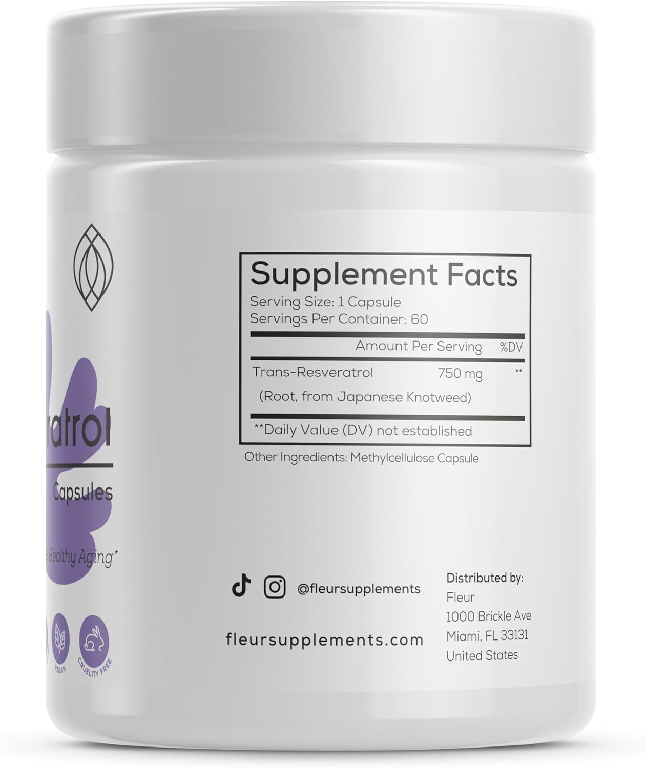 Extra Strength FLEUR Resveratrol Supplement for Immune Support, Antioxidant, Youthful Aging, Cardiovascular, Joints, Brain - 750mg, 60Ct