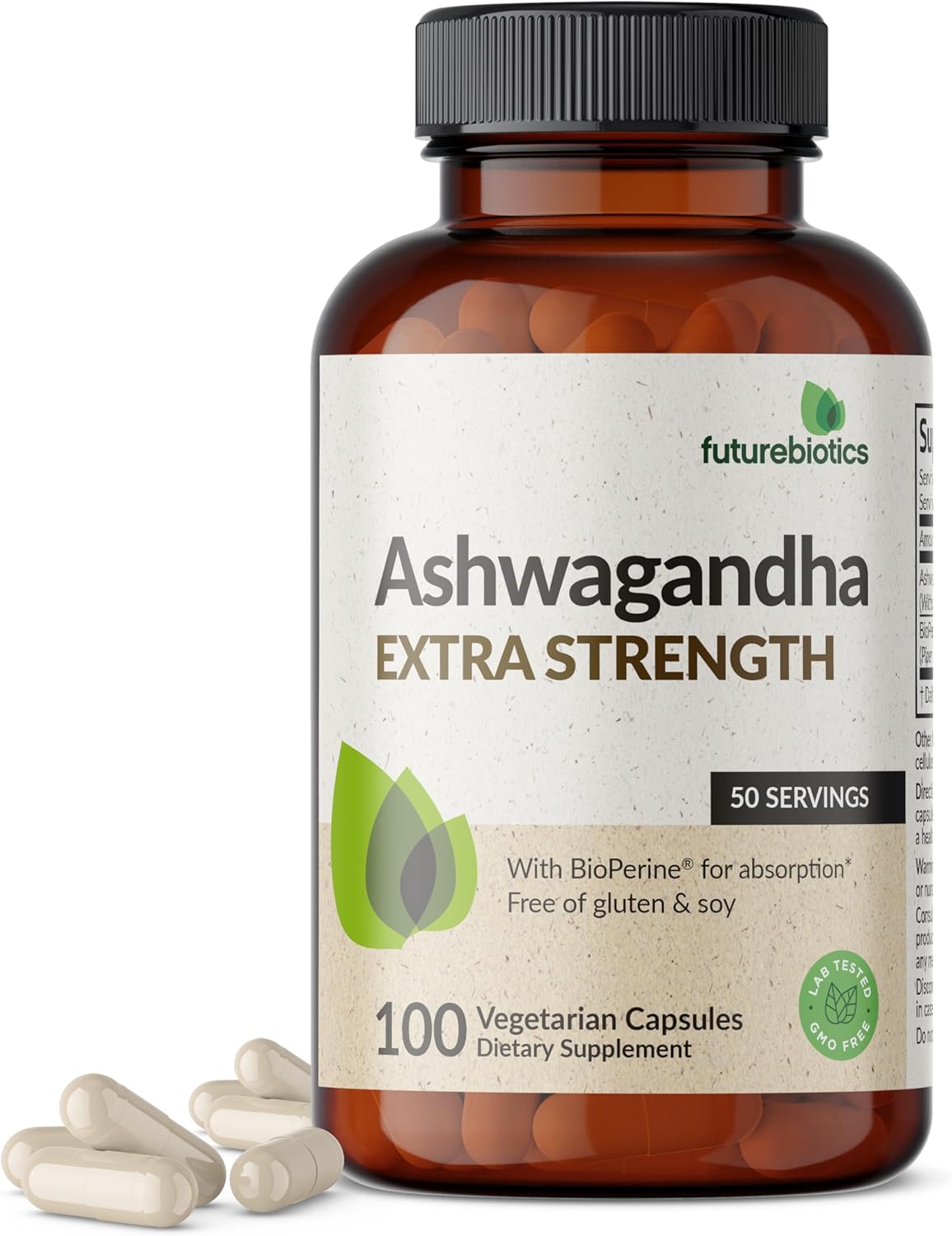 Extra Strength Futurebiotics Ashwagandha Capsules with BioPerine for Stress & Mood - 100 Veg Caps, Non GMO