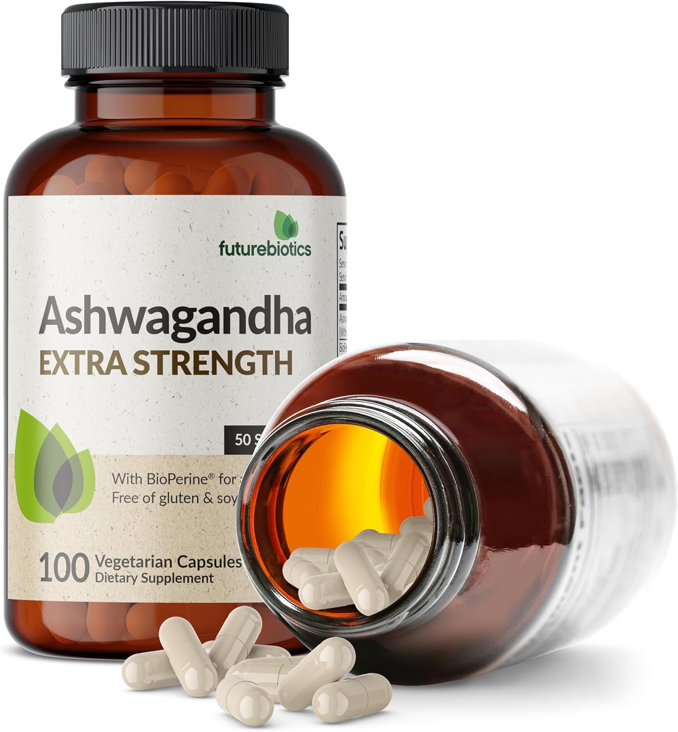 Extra Strength Futurebiotics Ashwagandha Capsules with BioPerine for Stress & Mood - 100 Veg Caps, Non GMO