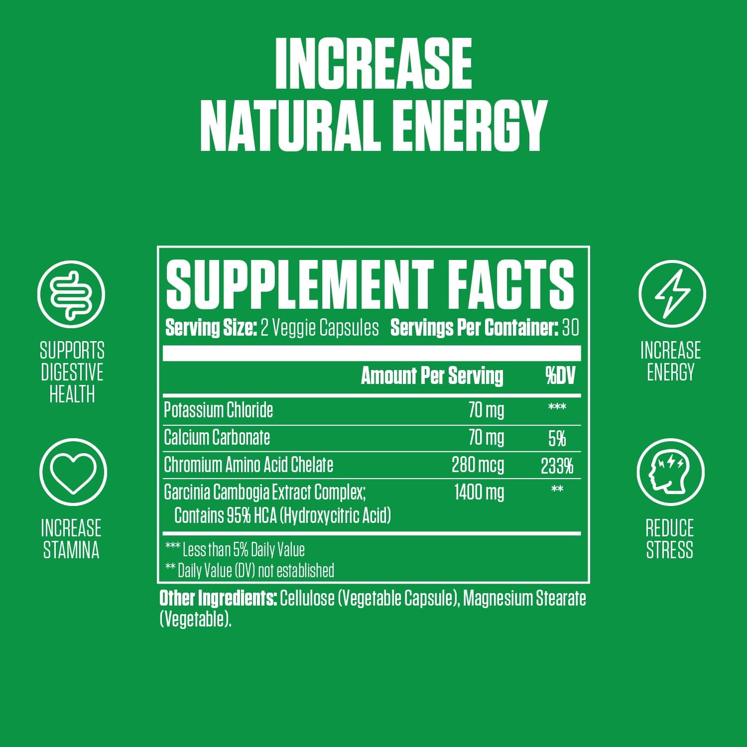 Extra Strength Garcinia Cambogia Supplement with Potassium, Calcium, & Chromium - Boost Energy & Stamina - 60 Vegan Capsules