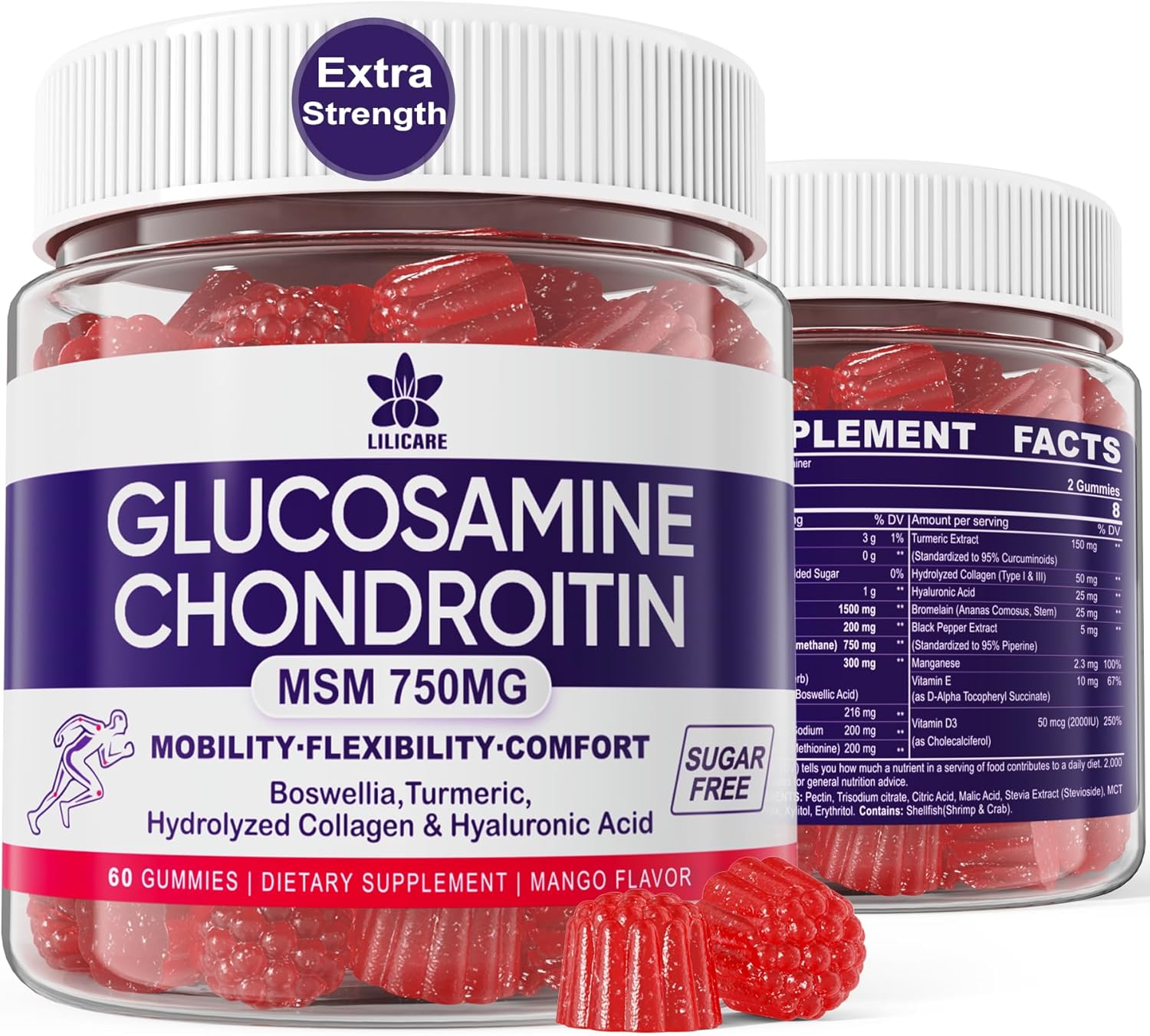 Extra Strength Glucosamine Chondroitin Gummies with MSM, Boswellia Turmeric, Collagen & Hyaluronic Acid - 60 Count Pack for Mobility & Bone Health