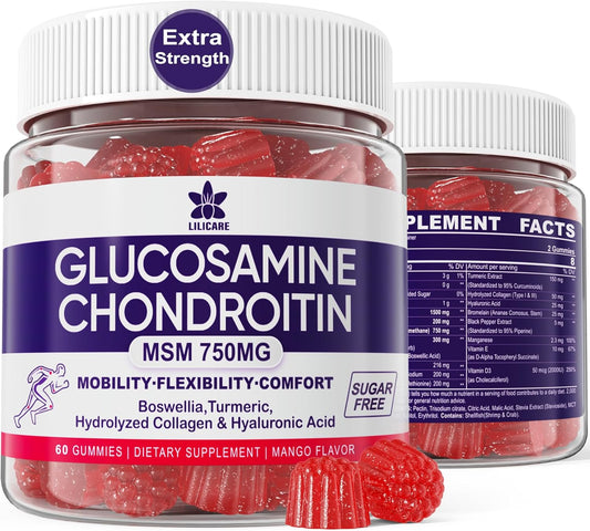 Extra Strength Glucosamine Chondroitin Gummies with MSM, Boswellia Turmeric, Collagen & Hyaluronic Acid - 60 Count Pack for Mobility & Bone Health
