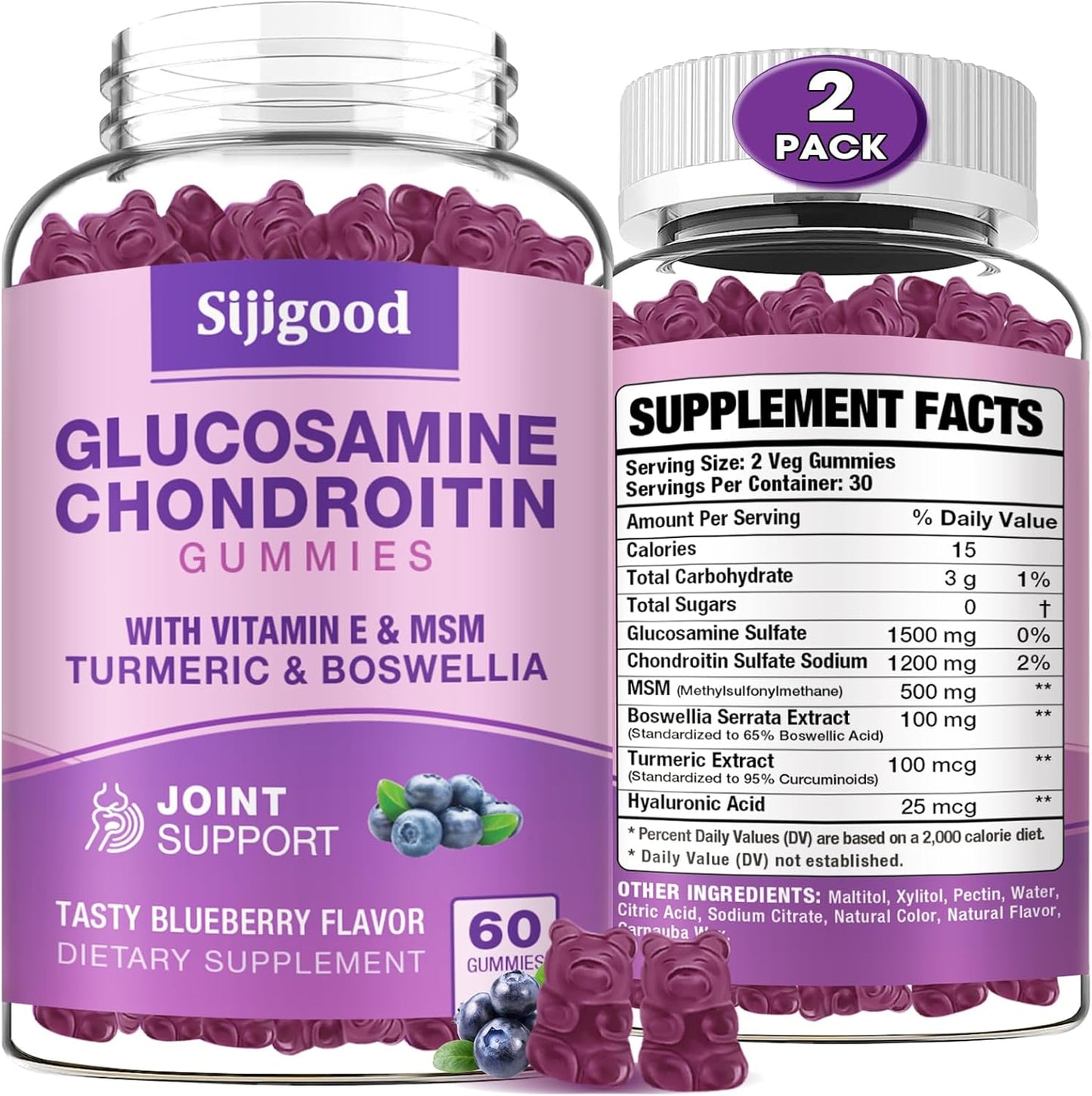 Extra Strength Glucosamine Chondroitin Gummies with MSM, Elderberry - 120 Blueberry Flavored Gummies for Joint & Immune Support