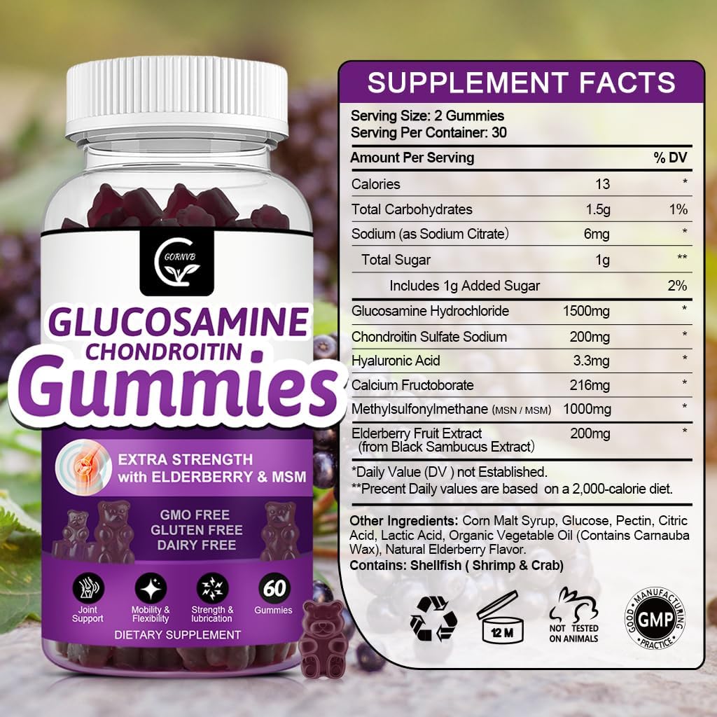 Extra Strength Glucosamine Chondroitin Gummies with MSM & Elderberry for Joint and Immune Support - 2 Pack of 60 Gummies for Adults