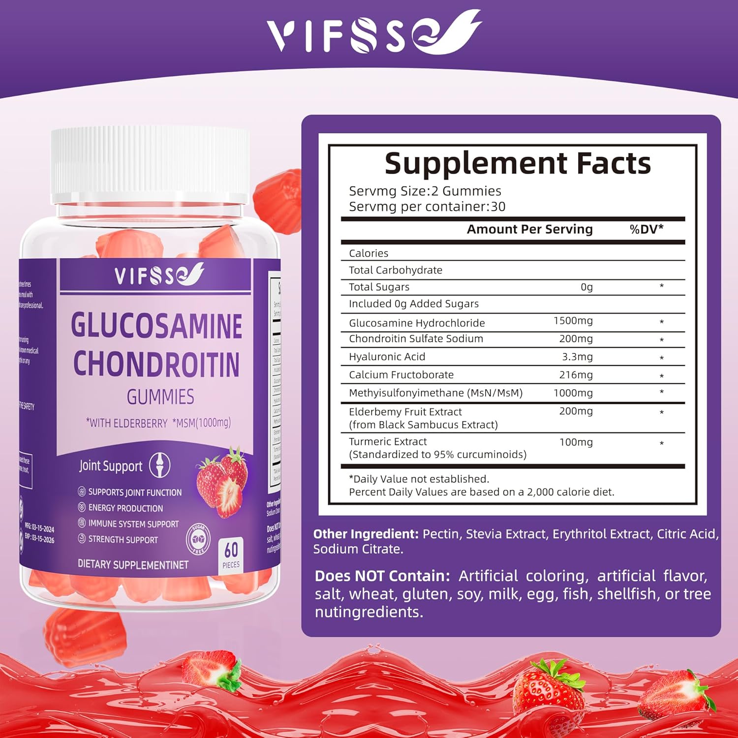 Extra Strength Glucosamine Chondroitin Gummies with MSM & Elderberry - 1500MG Joint Support Supplement for Adults - 2 Pack