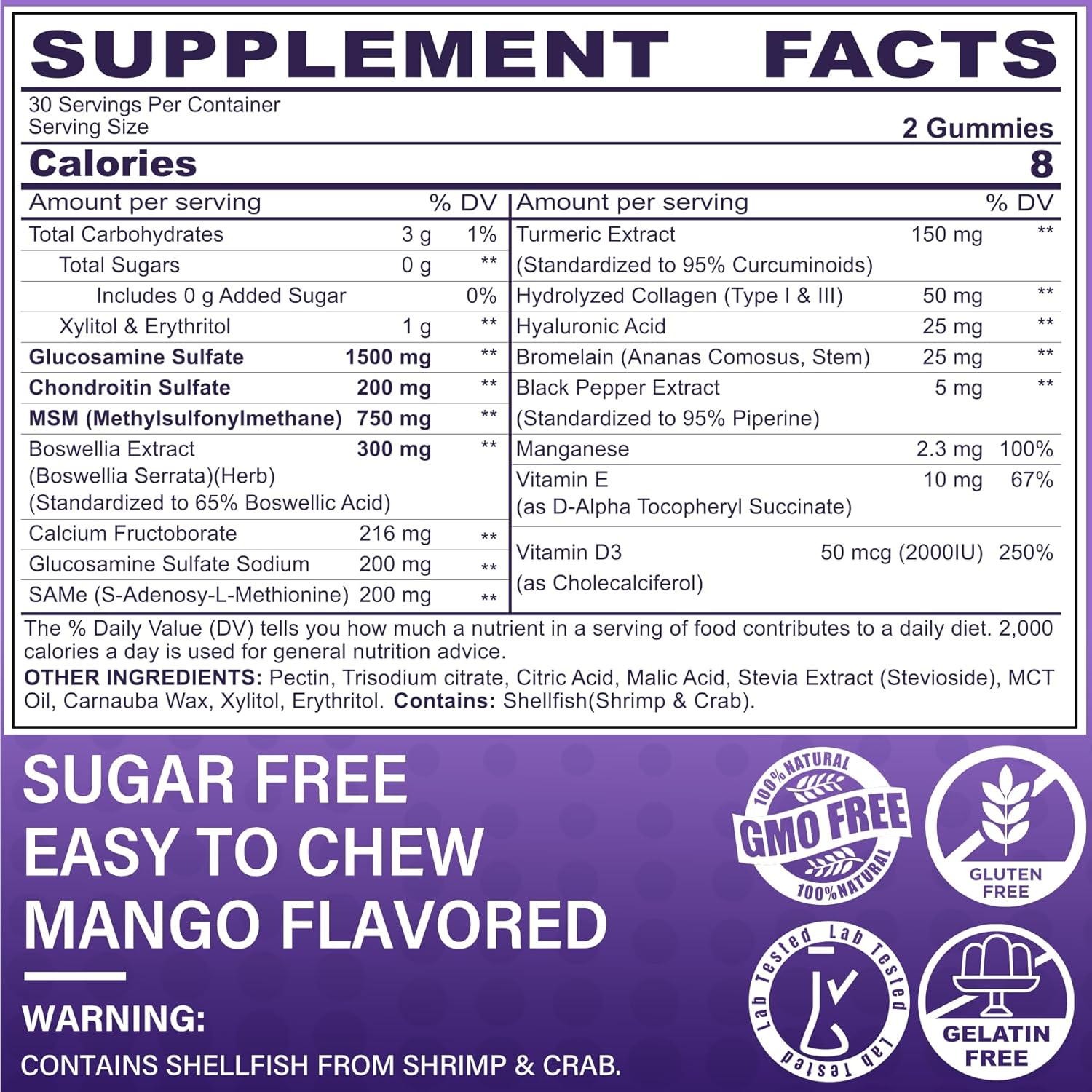 Extra Strength Glucosamine Chondroitin Gummies with MSM, Boswellia Turmeric, Collagen & Hyaluronic Acid - 60 Count Pack for Mobility & Bone Health