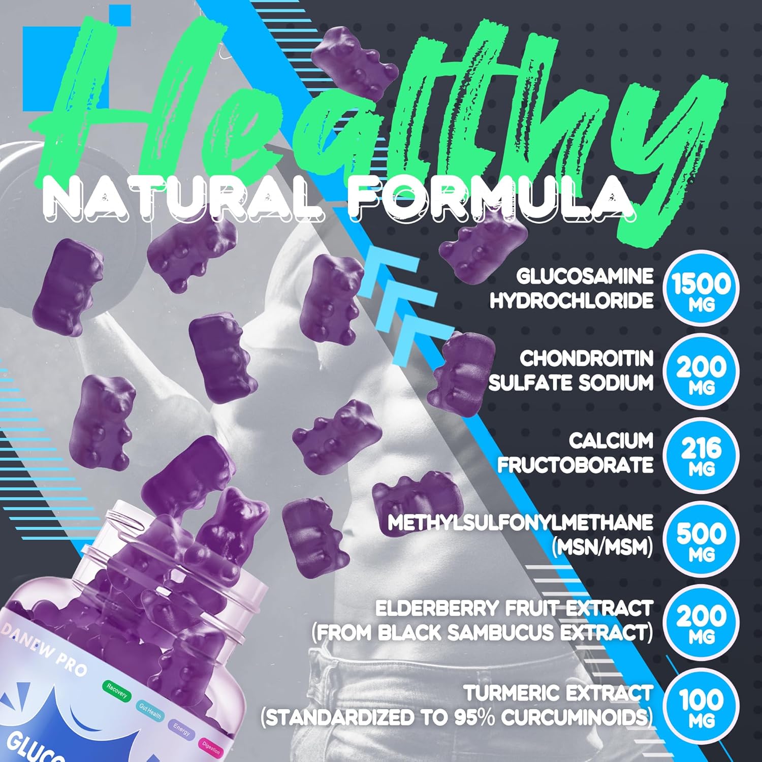 Extra Strength Glucosamine Chondroitin Gummies with MSM & Elderberry for Joint & Immune Support - 90 Gummies for Adults