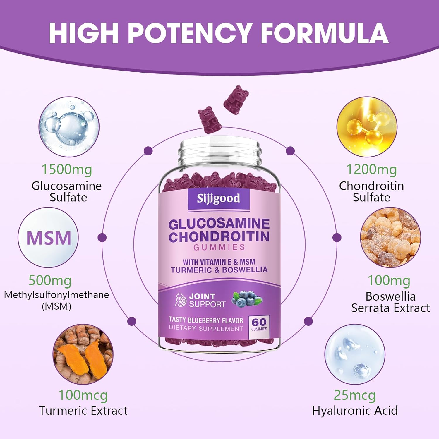 Extra Strength Glucosamine Chondroitin Gummies with MSM, Elderberry - 120 Blueberry Flavored Gummies for Joint & Immune Support