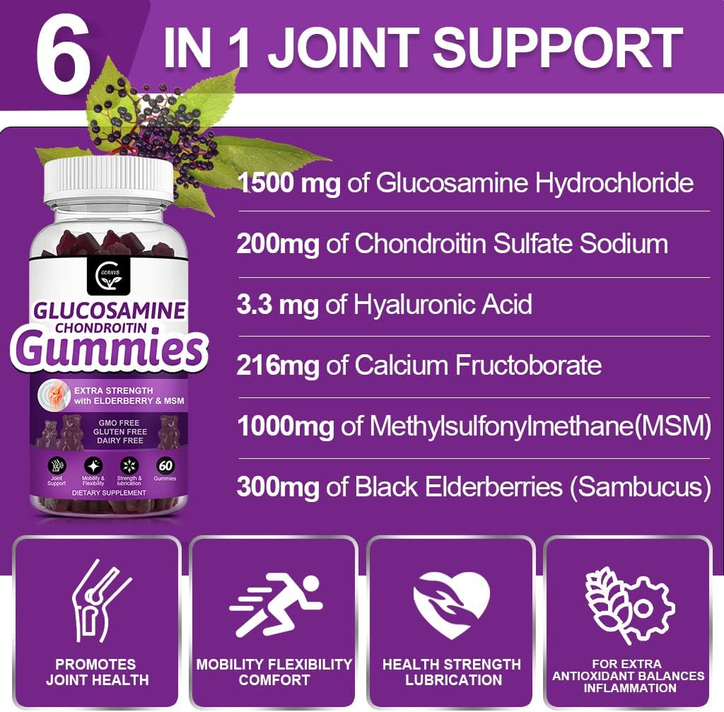 Extra Strength Glucosamine Chondroitin Gummies with MSM & Elderberry for Joint and Immune Support - 2 Pack of 60 Gummies for Adults