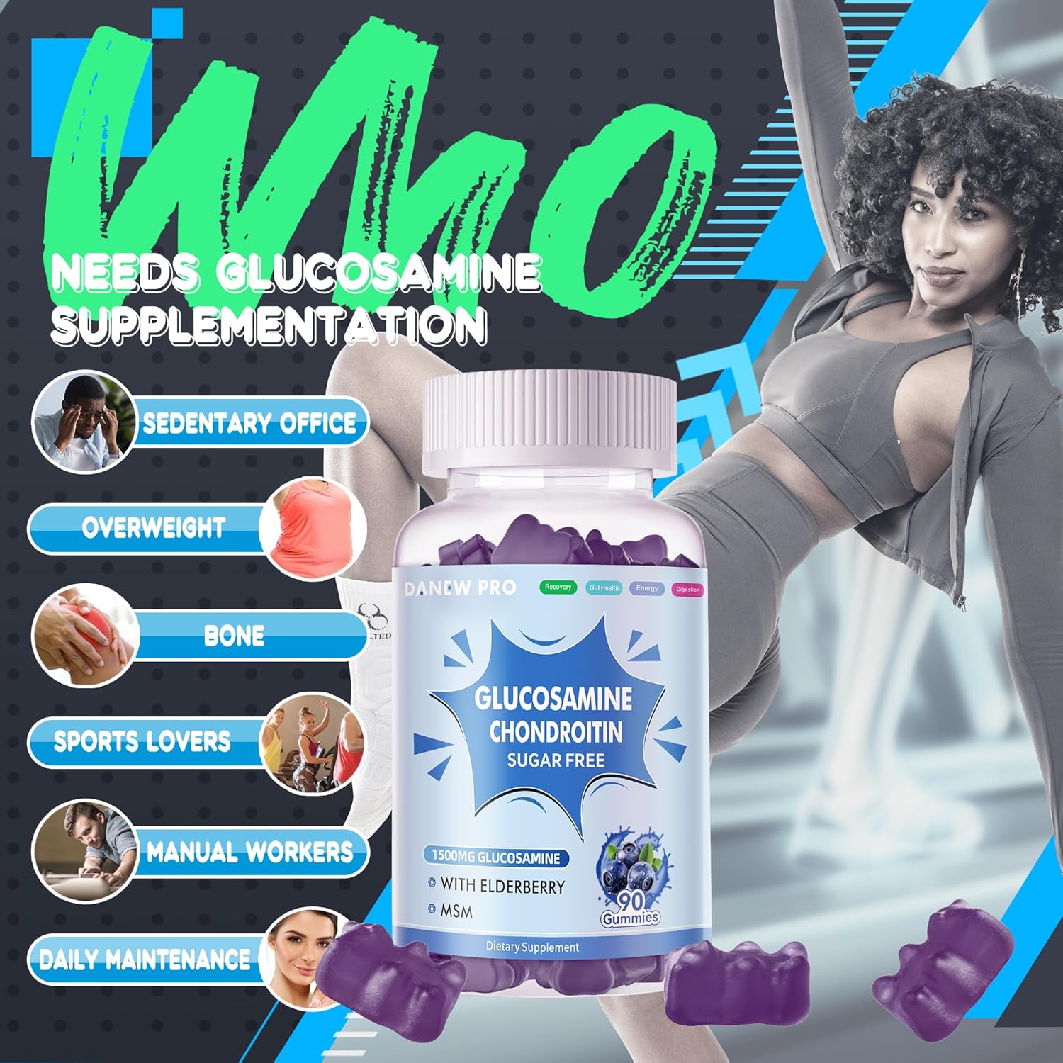 Extra Strength Glucosamine Chondroitin Gummies with MSM & Elderberry for Joint & Immune Support - 90 Gummies for Adults