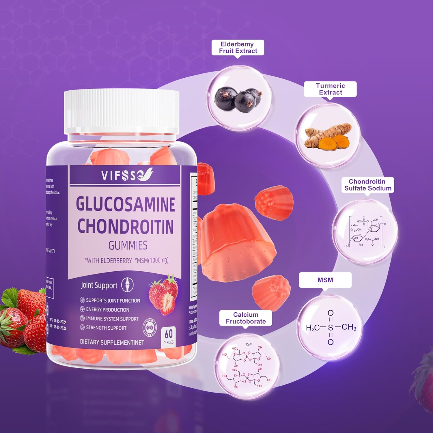 Extra Strength Glucosamine Chondroitin Gummies with MSM & Elderberry - 1500MG Joint Support Supplement for Adults - 2 Pack