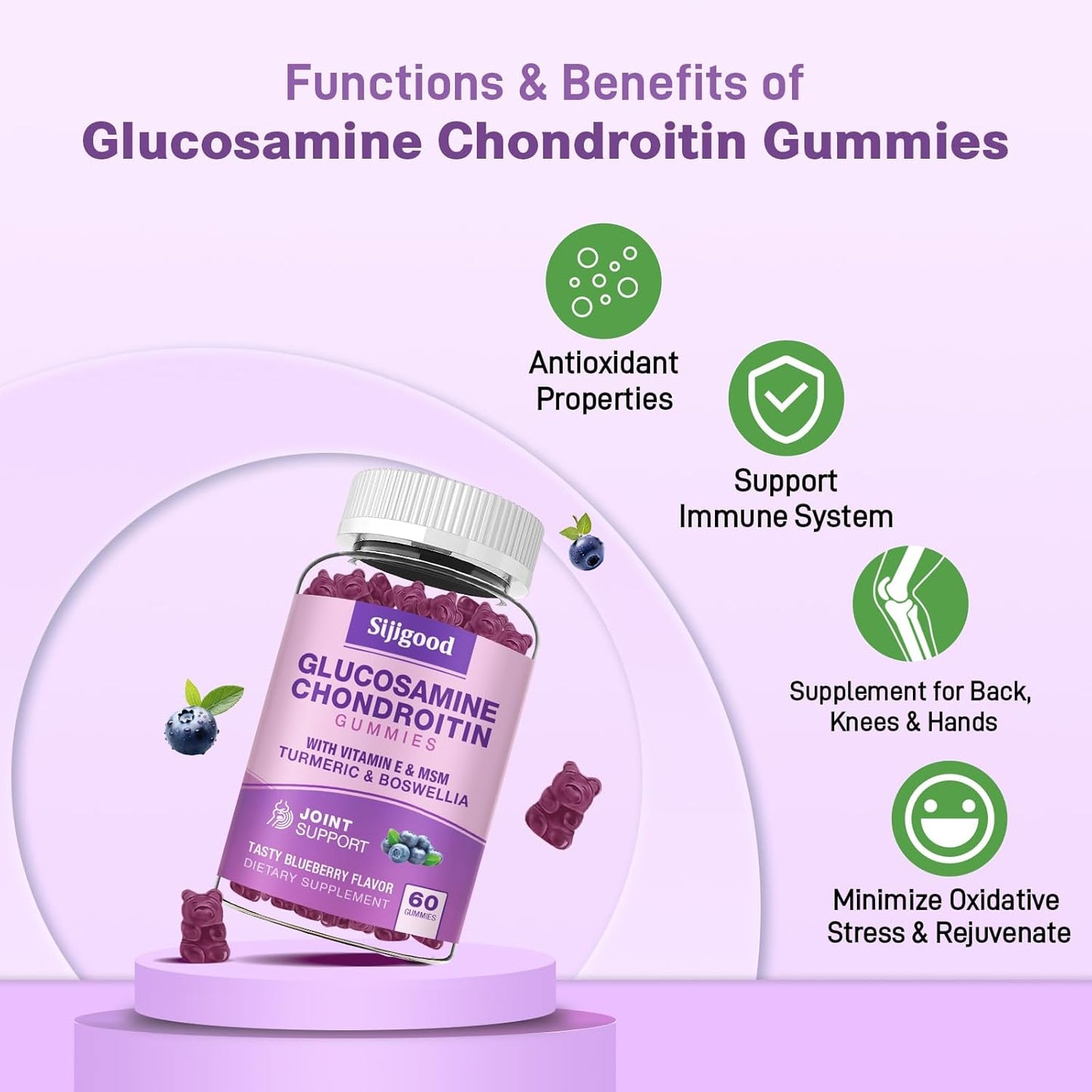 Extra Strength Glucosamine Chondroitin Gummies with MSM, Elderberry - 120 Blueberry Flavored Gummies for Joint & Immune Support