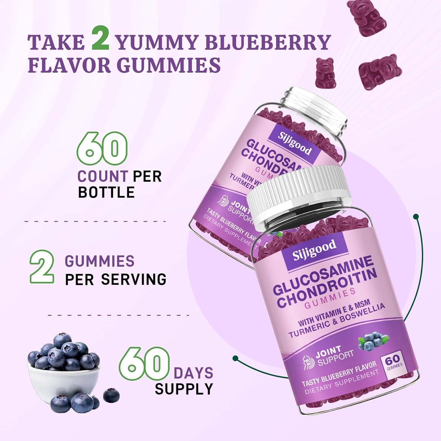 Extra Strength Glucosamine Chondroitin Gummies with MSM, Elderberry - 120 Blueberry Flavored Gummies for Joint & Immune Support
