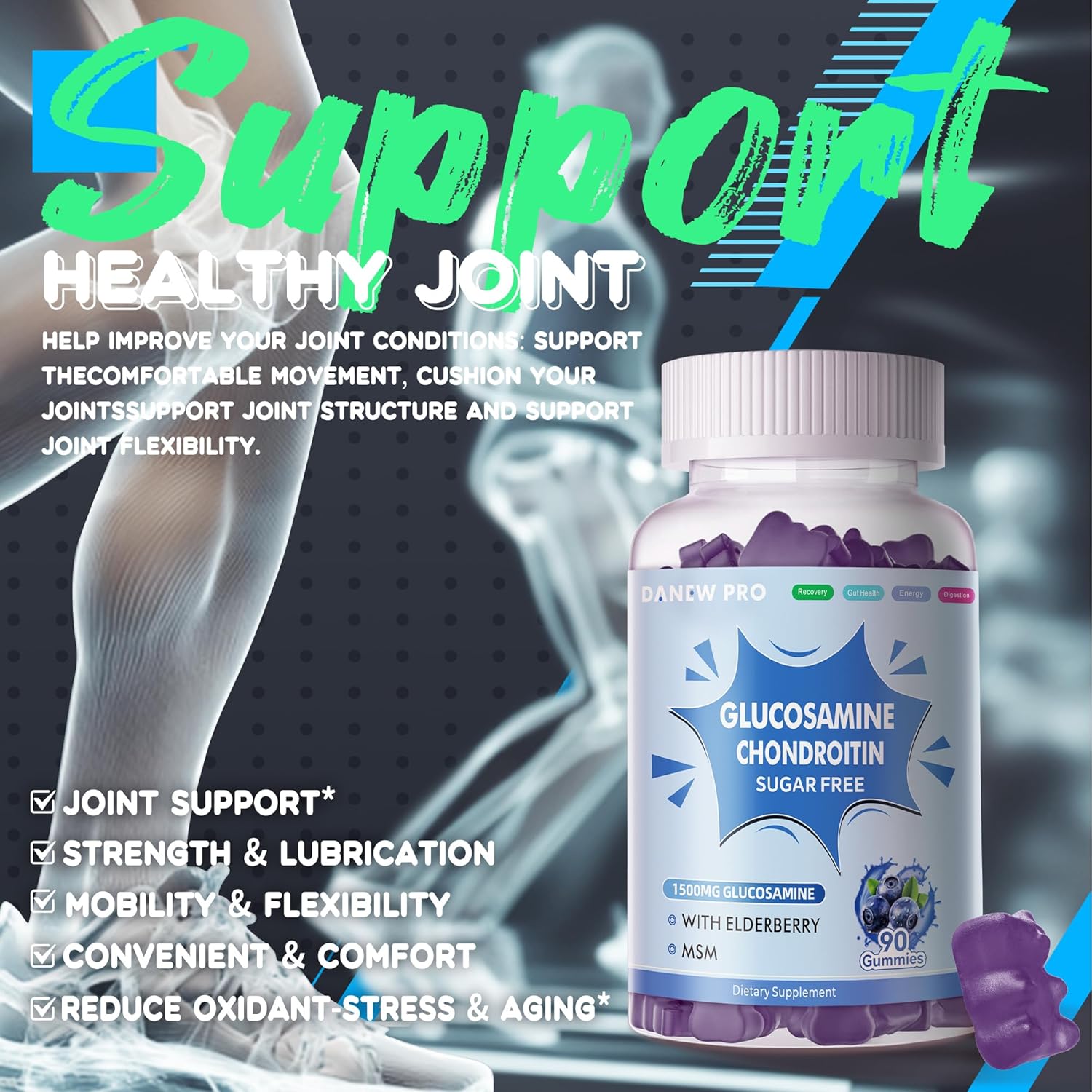Extra Strength Glucosamine Chondroitin Gummies with MSM & Elderberry for Joint & Immune Support - 90 Gummies for Adults