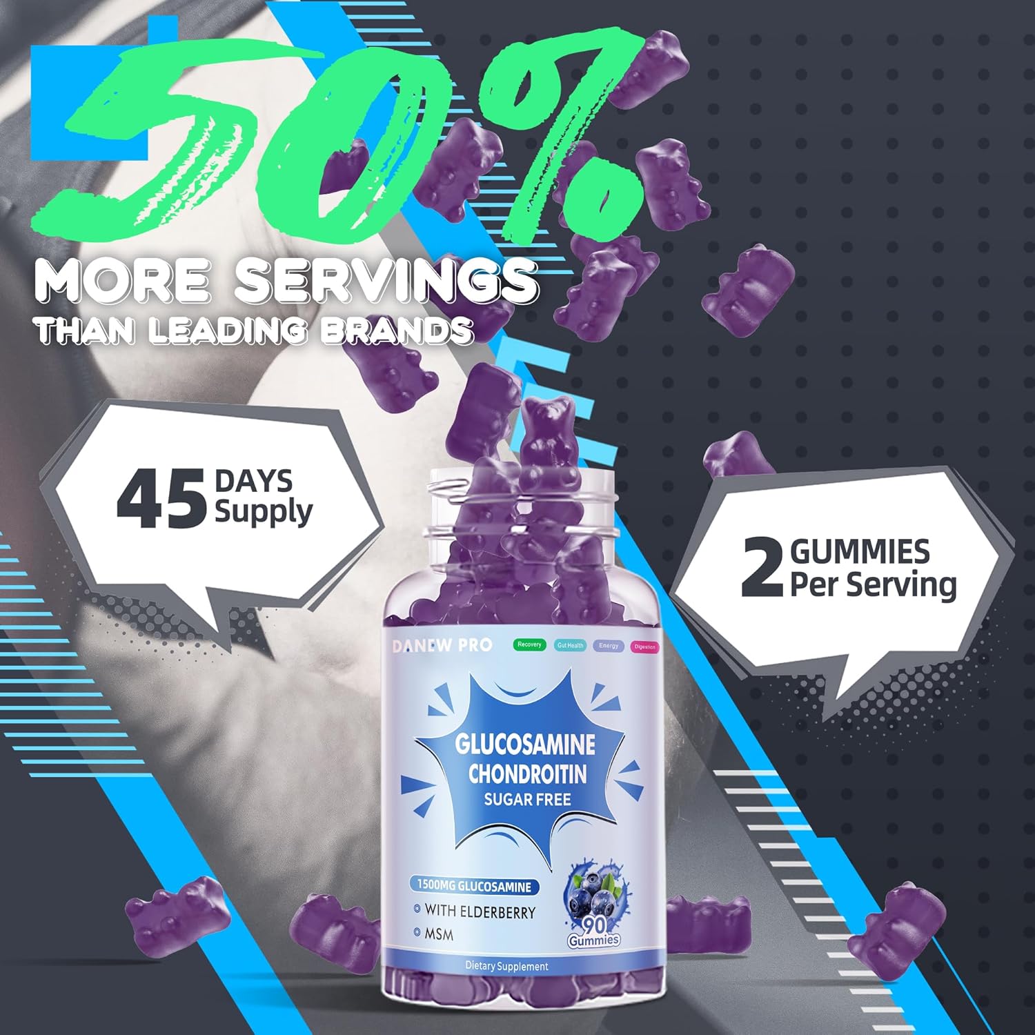 Extra Strength Glucosamine Chondroitin Gummies with MSM & Elderberry for Joint & Immune Support - 90 Gummies for Adults